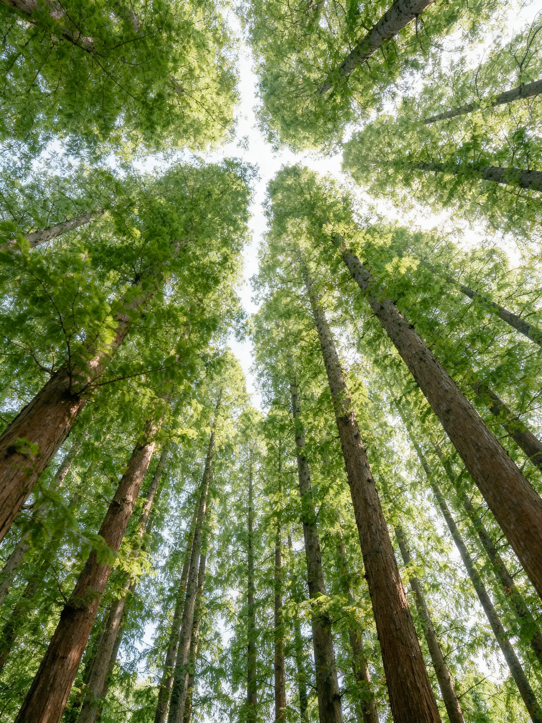 Tall forest trees with vibrant green canopies reaching toward bright sky