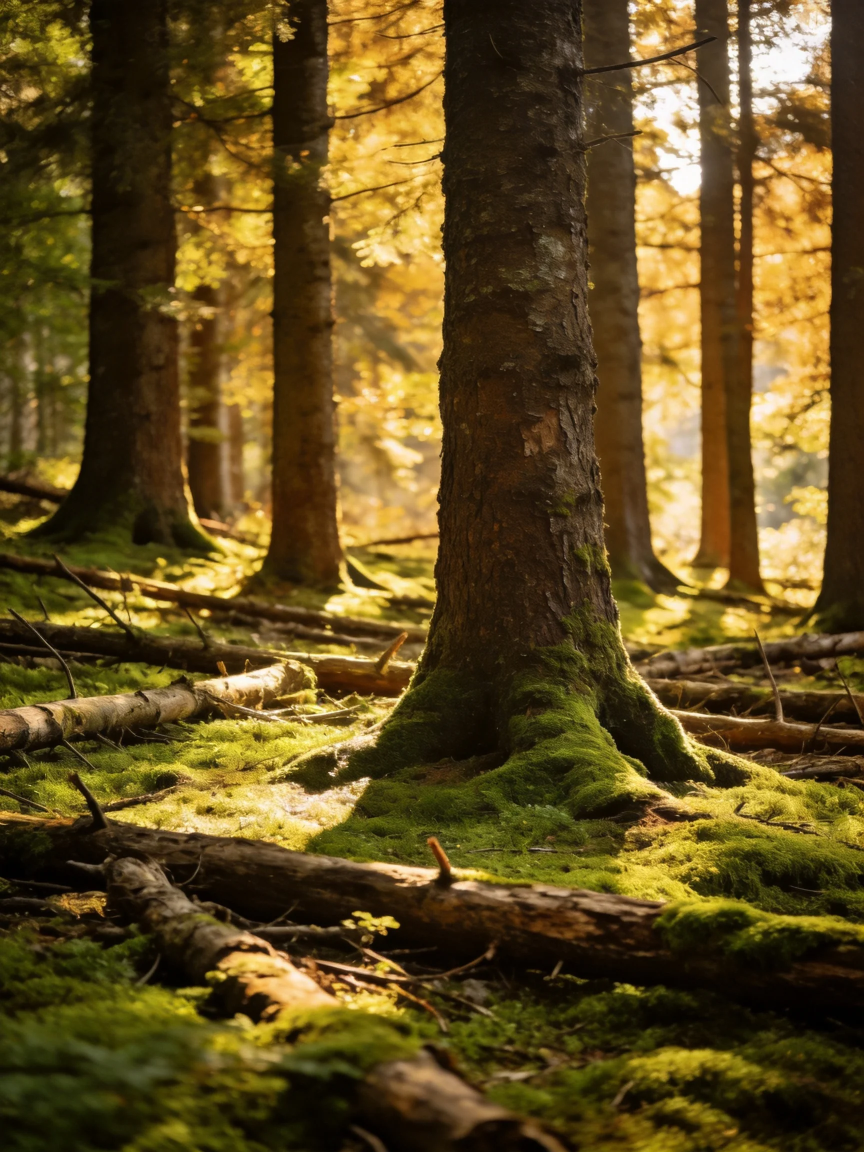 Tall forest with mossy tree trunks and fallen logs