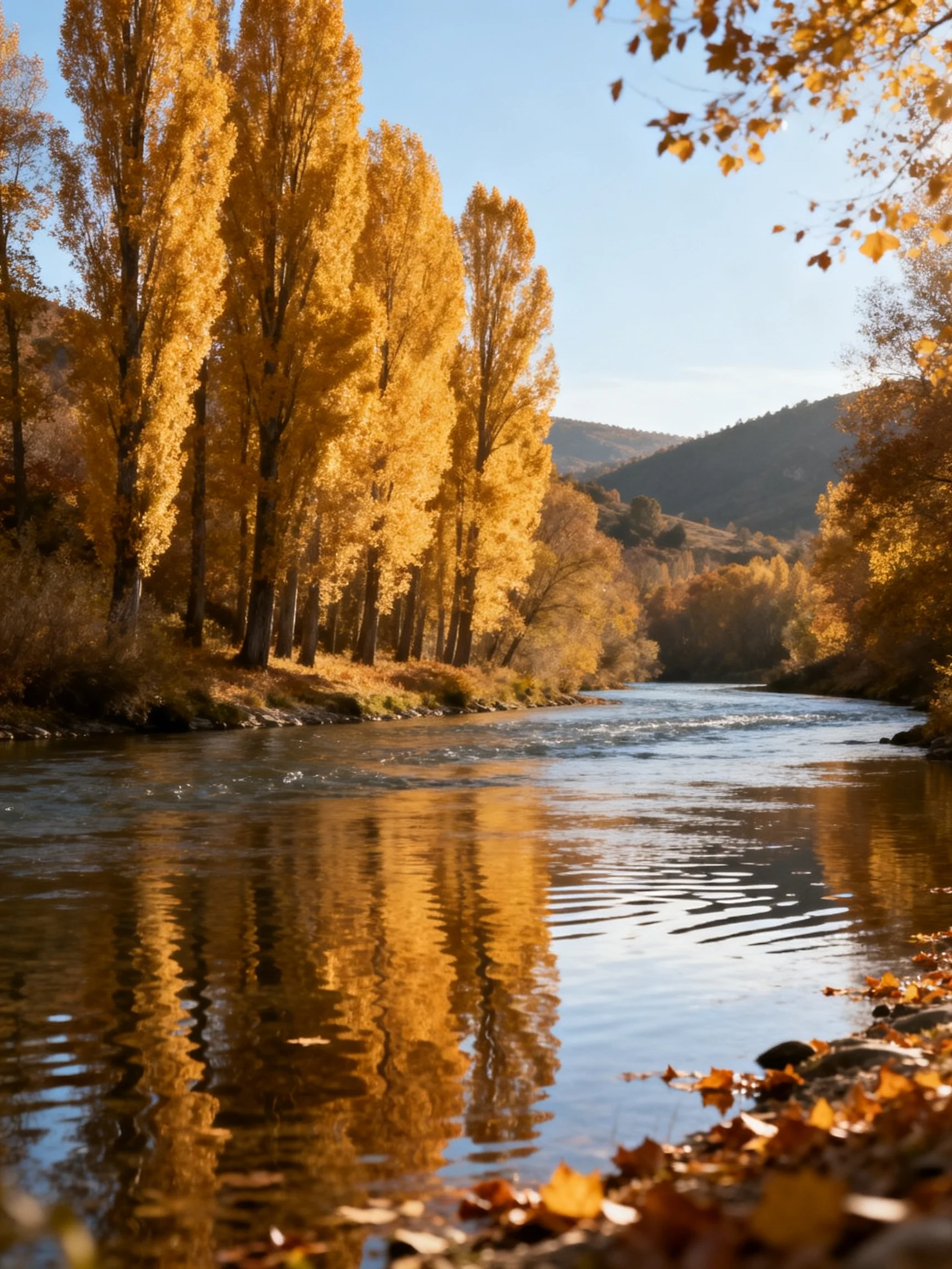 Tall golden - leaved trees stand majestically along the winding riverbank, their textured foliage bat