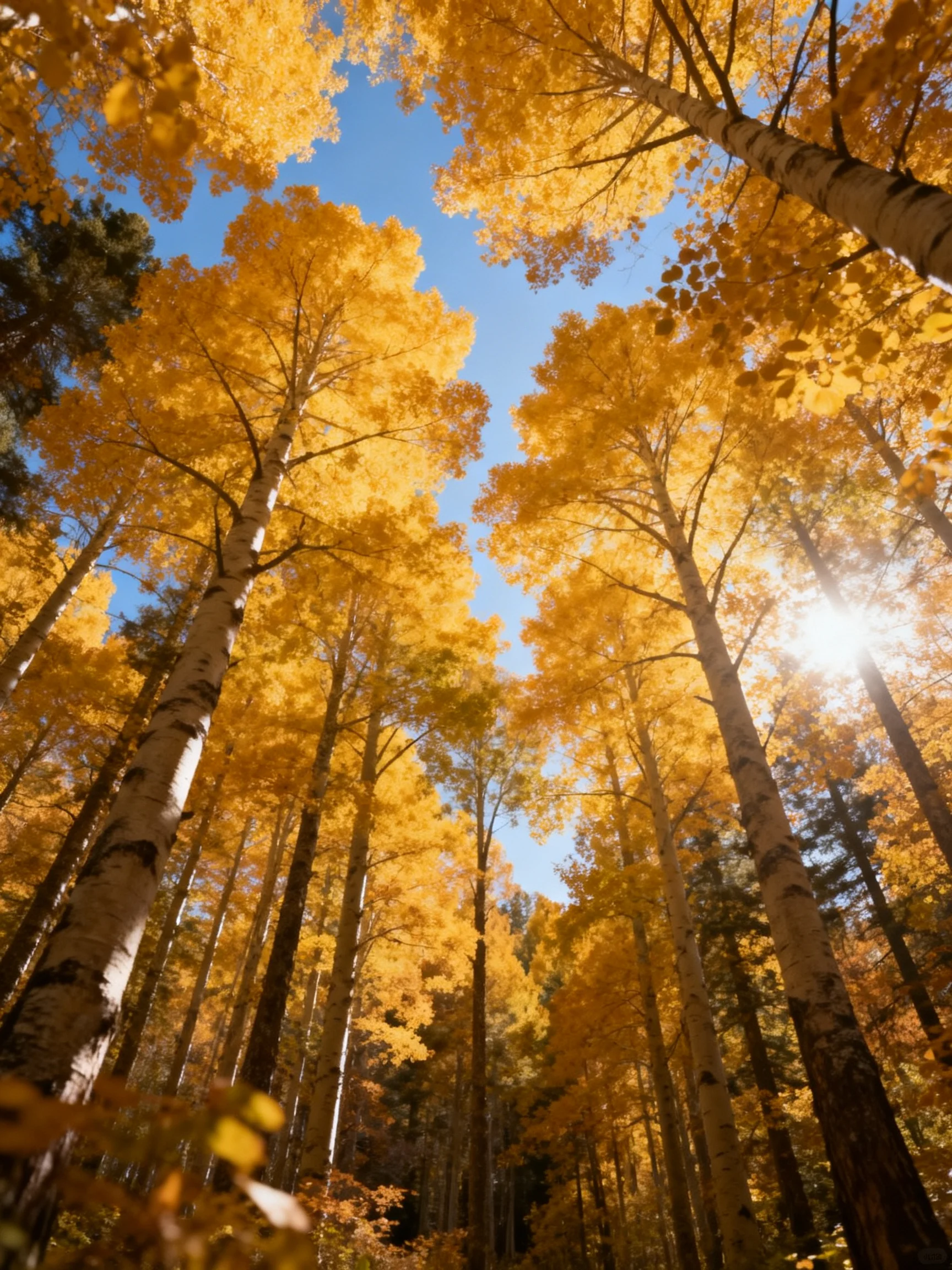 Tall golden aspen trees fill a forest with autumn colors