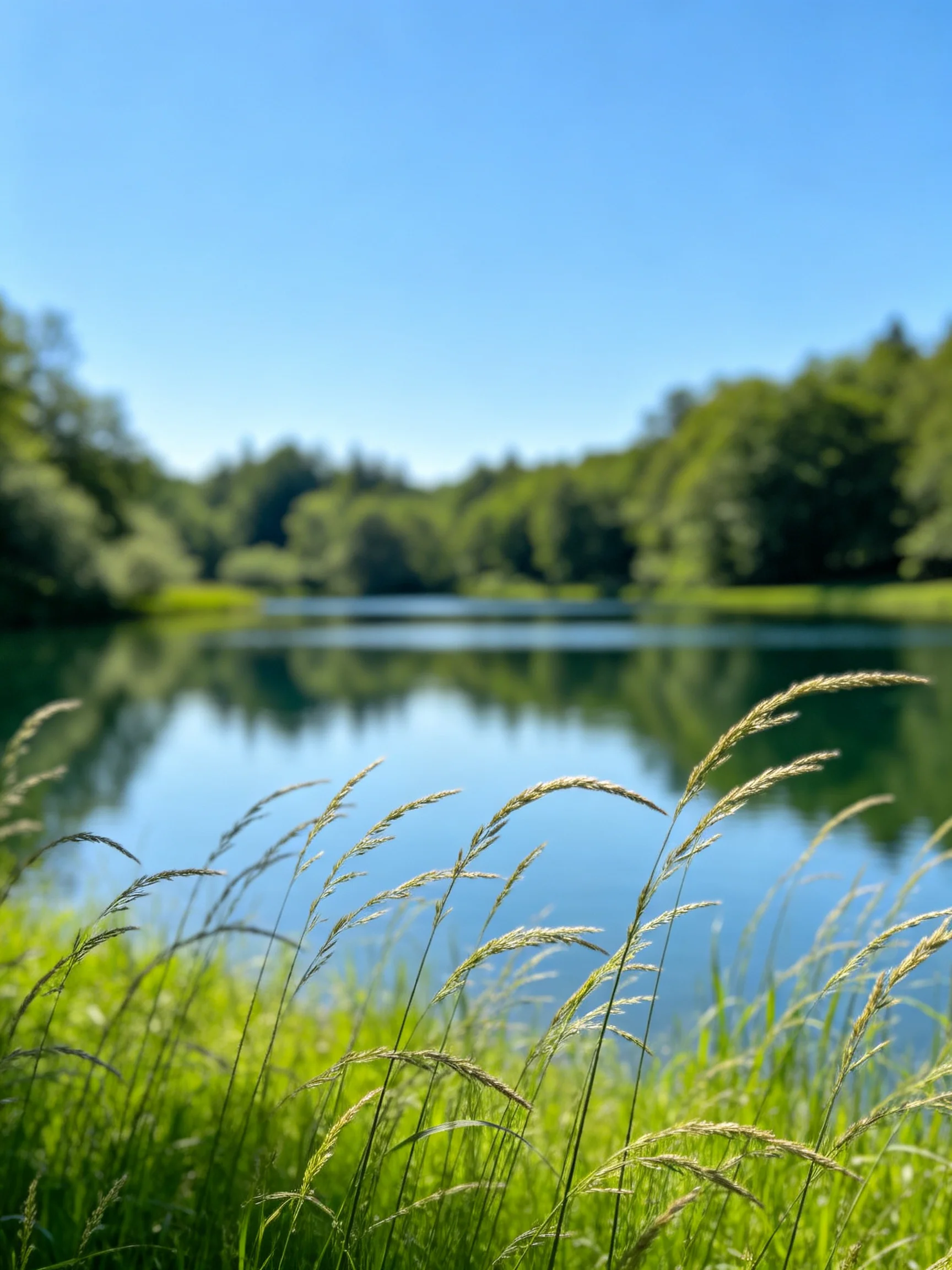 Tall golden grasses border a serene blue lake with dense green trees.