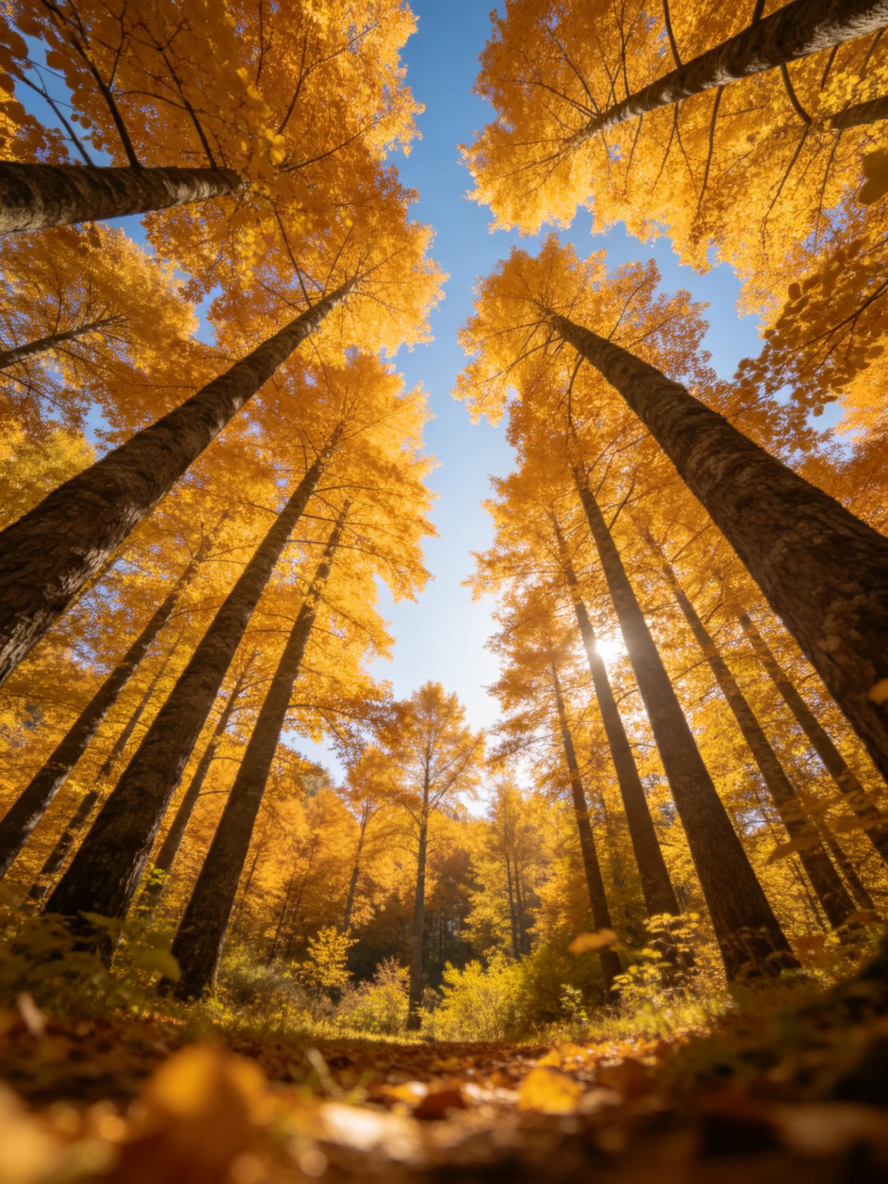 Tall golden-leaved trees tower over a forest path under bright blue sky