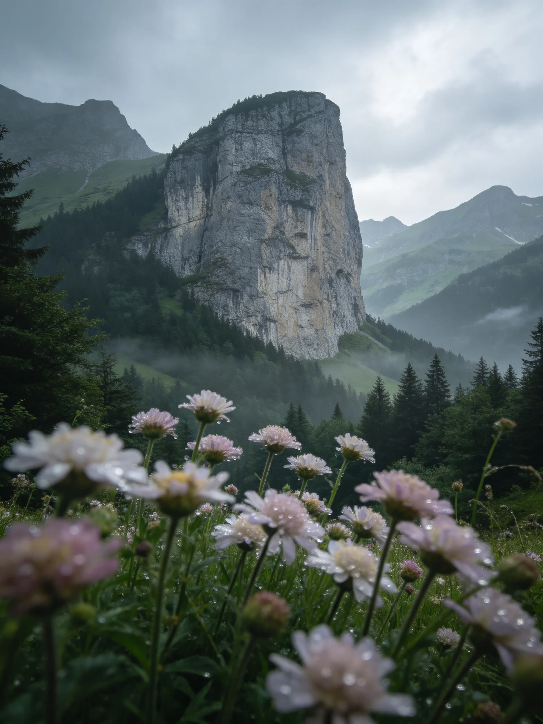 Tall gray cliff looms over pink wildflowers and misty green mountains