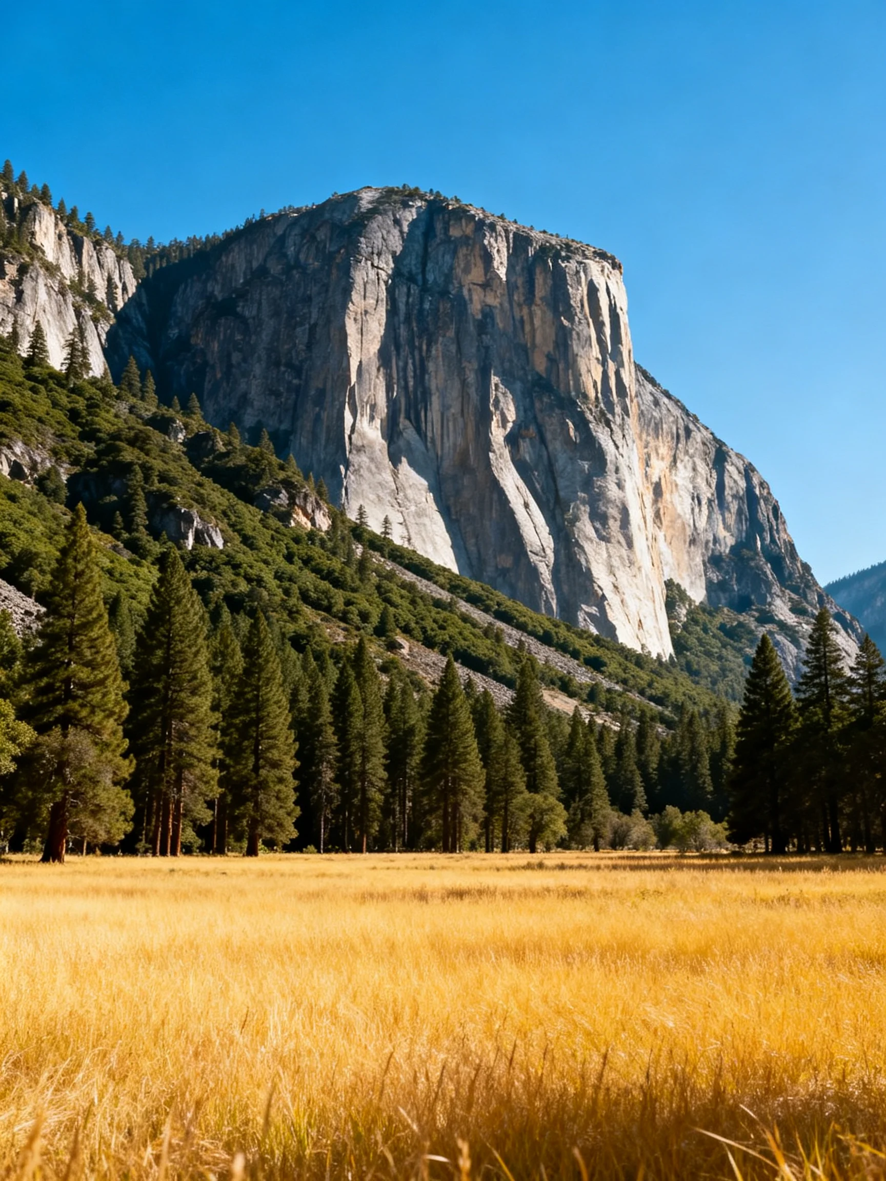 Tall gray cliffs tower over a golden meadow with dense green forests