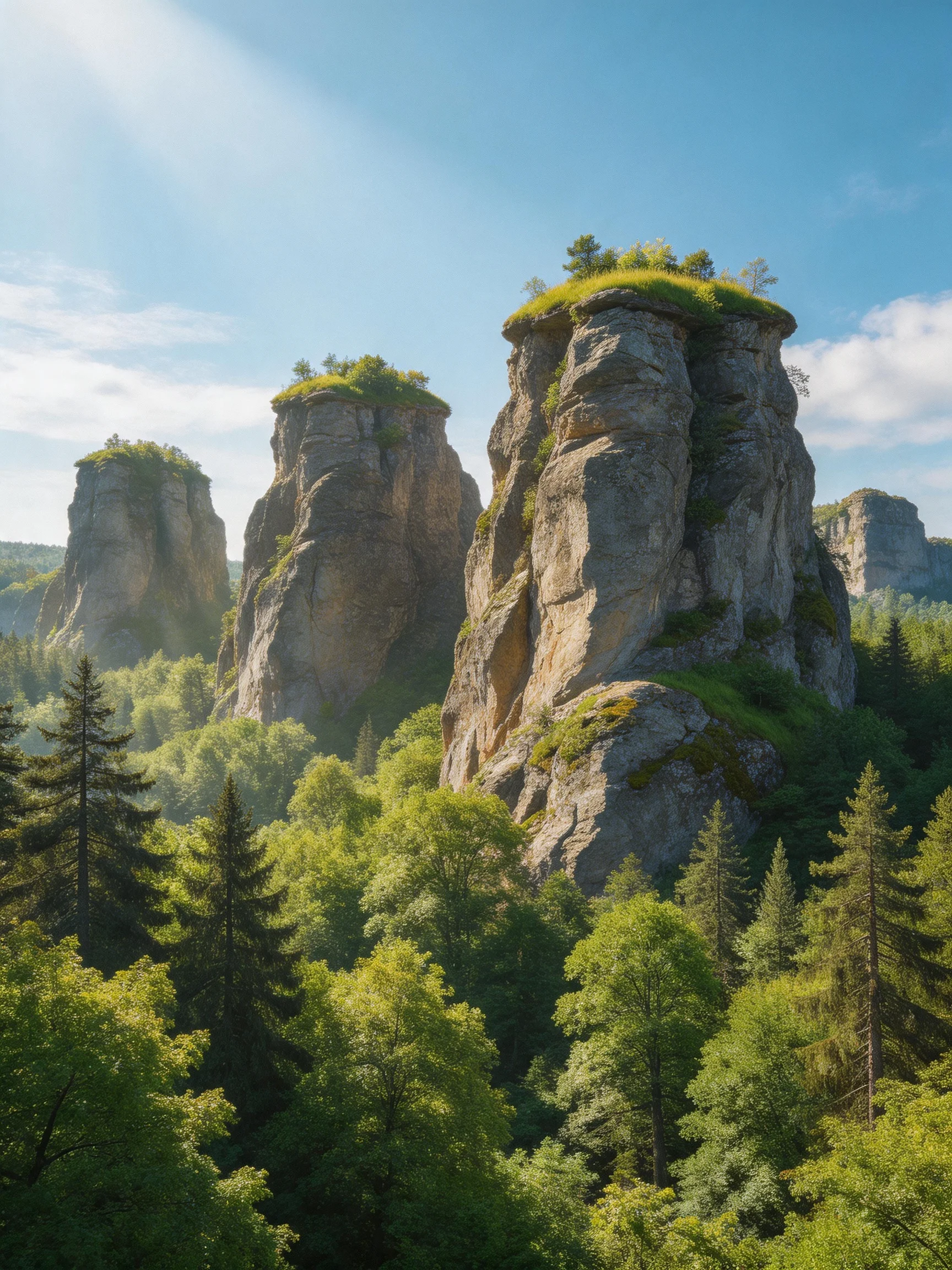 Tall gray rock formations stand atop lush green forests under a bright blue sky