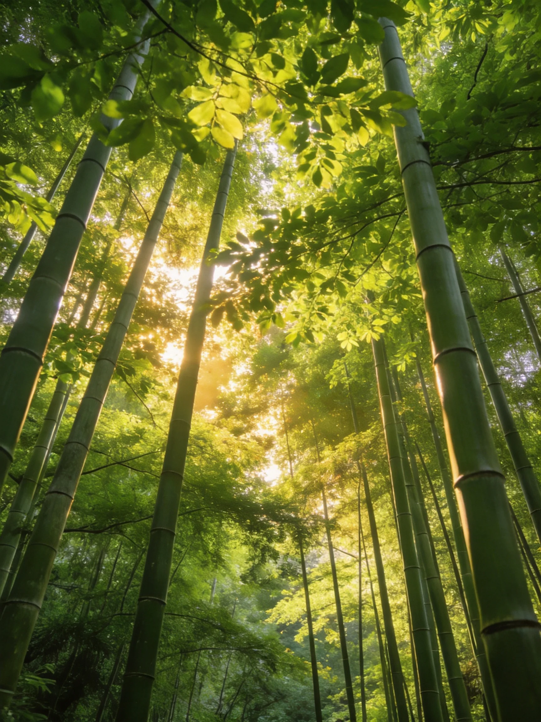 Tall green bamboo stalks bathed in golden sunlight amid dense foliage.