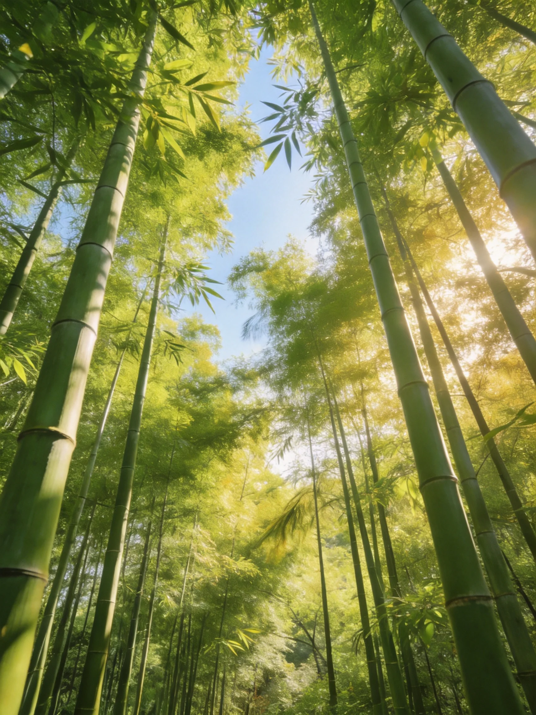 Tall green bamboo stalks in sunlit dense forest