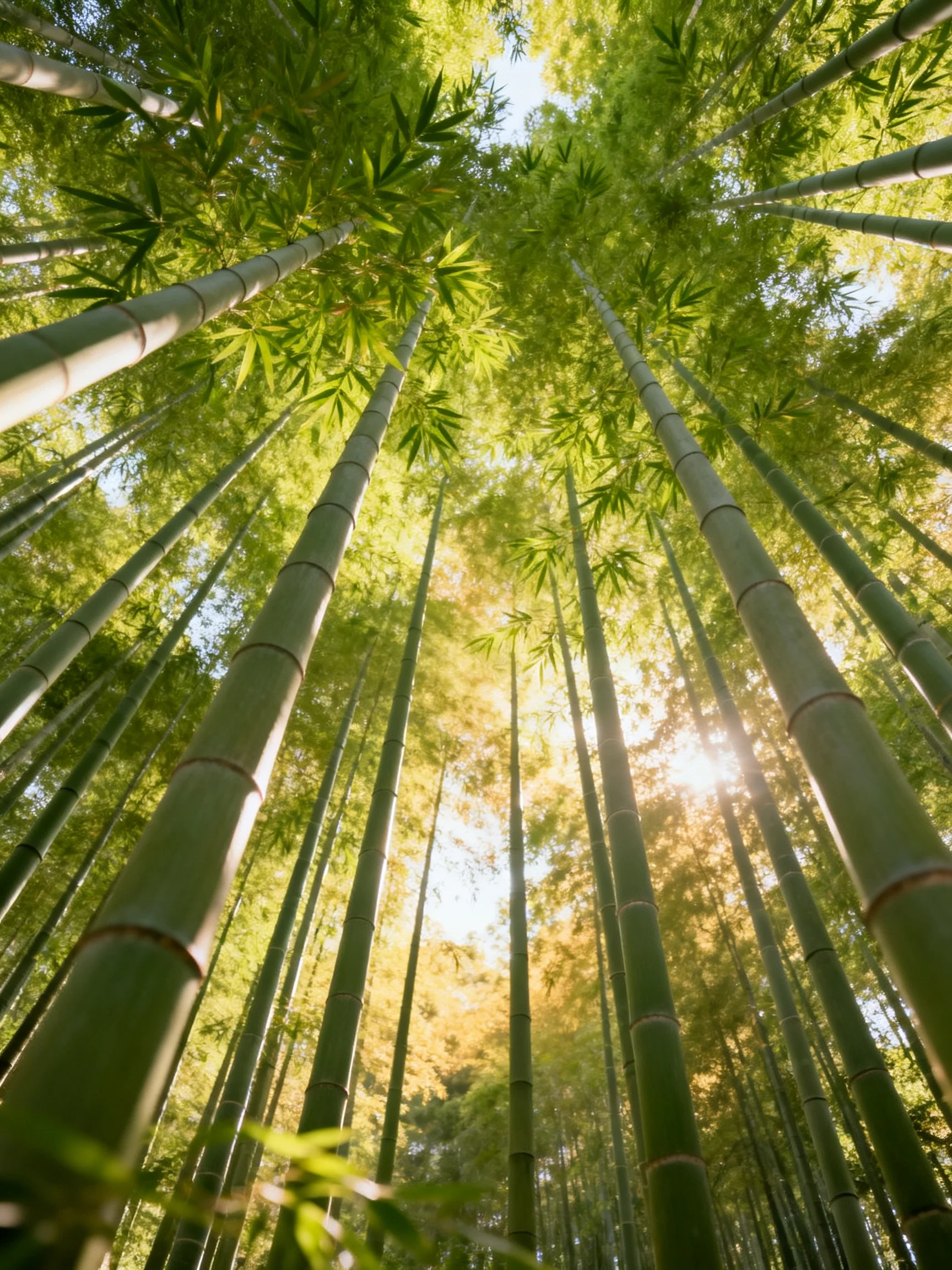Tall green bamboo stalks stretchtoward sunlit sky