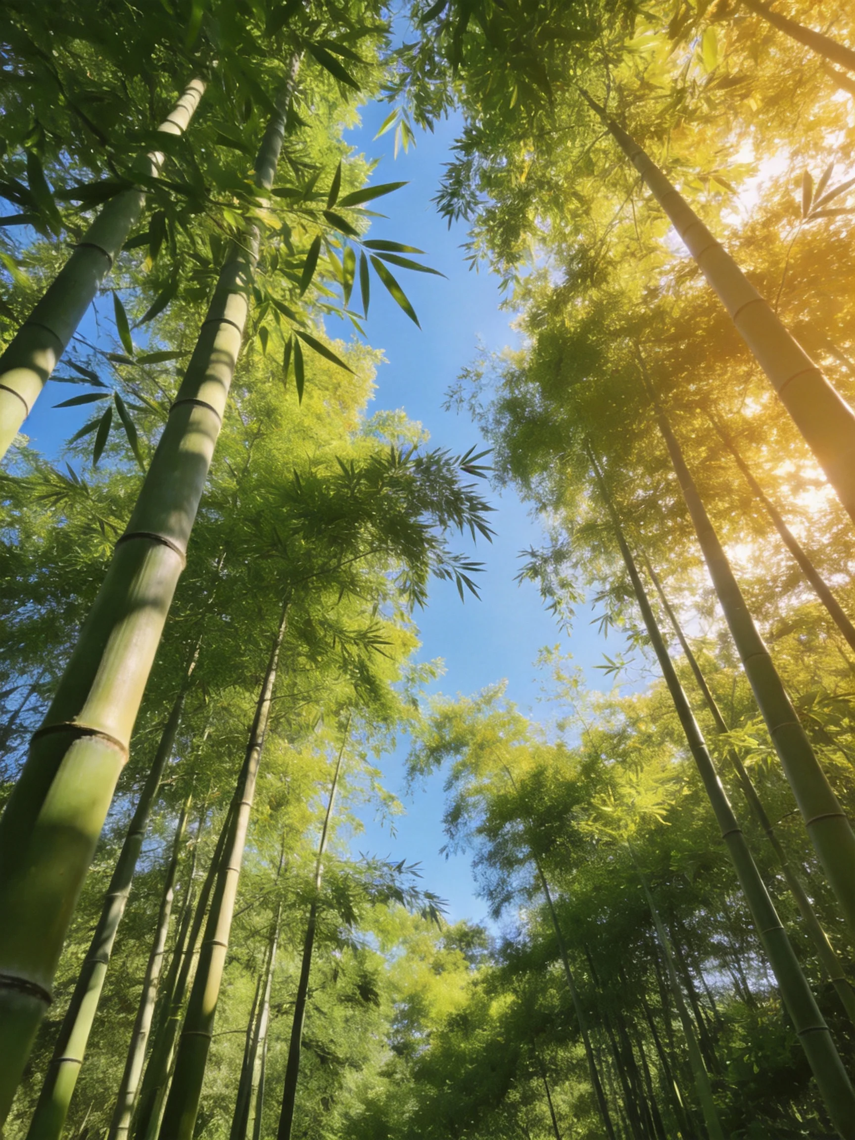 Tall green bamboo stalks tower under bright blue sky with golden sunlight