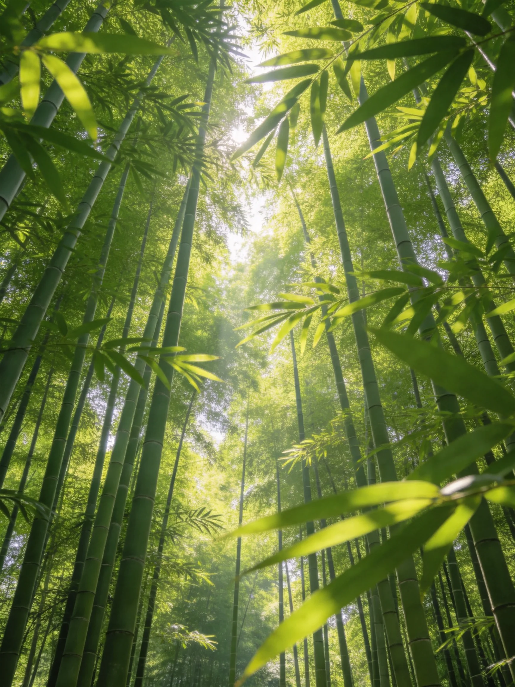 Tall green bamboo stalks with sunlight filtering through dense foliage