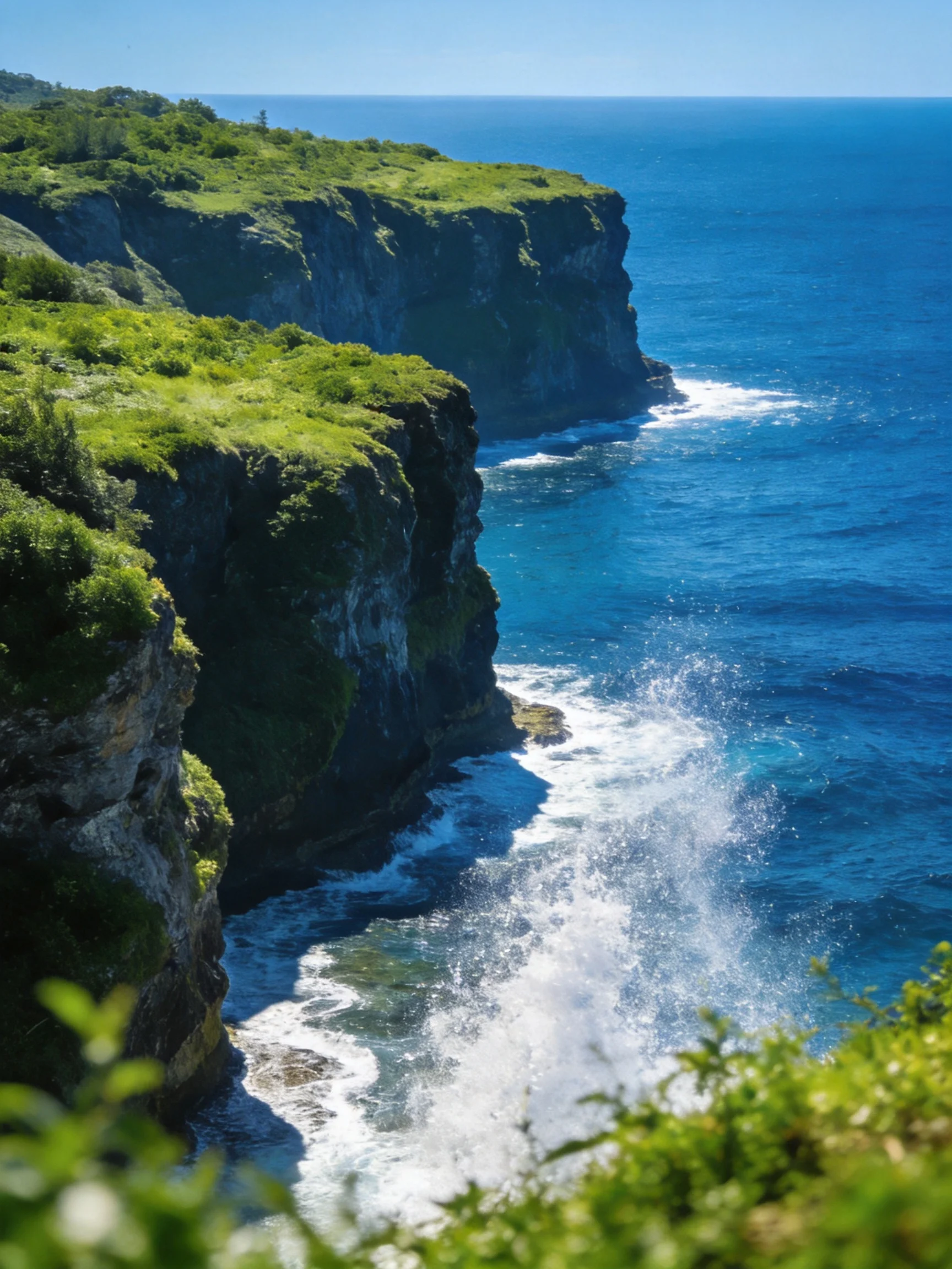 Tall green-clad cliffs border vibrant blue ocean with crashing waves