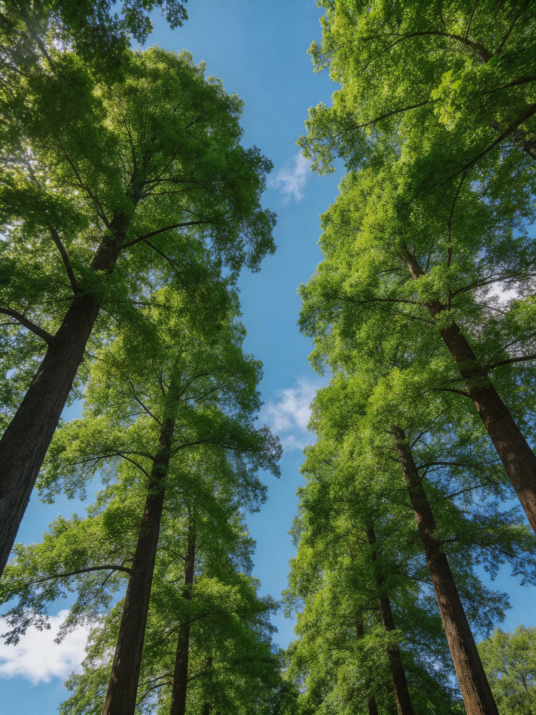 Tall green-leaved trees tower against a bright blue sky