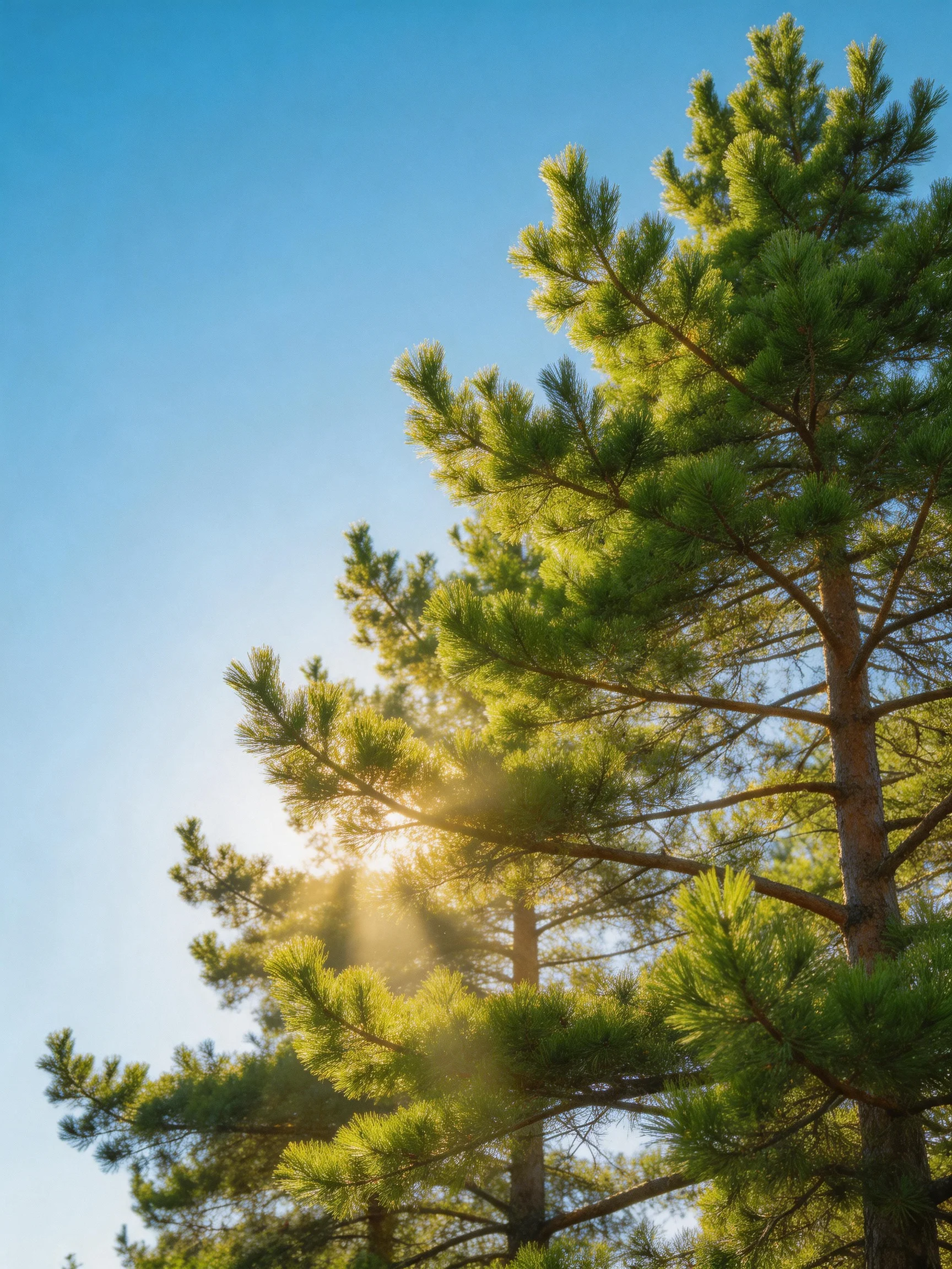 Tall green pine trees against a clear bluesky with sunlight filtering