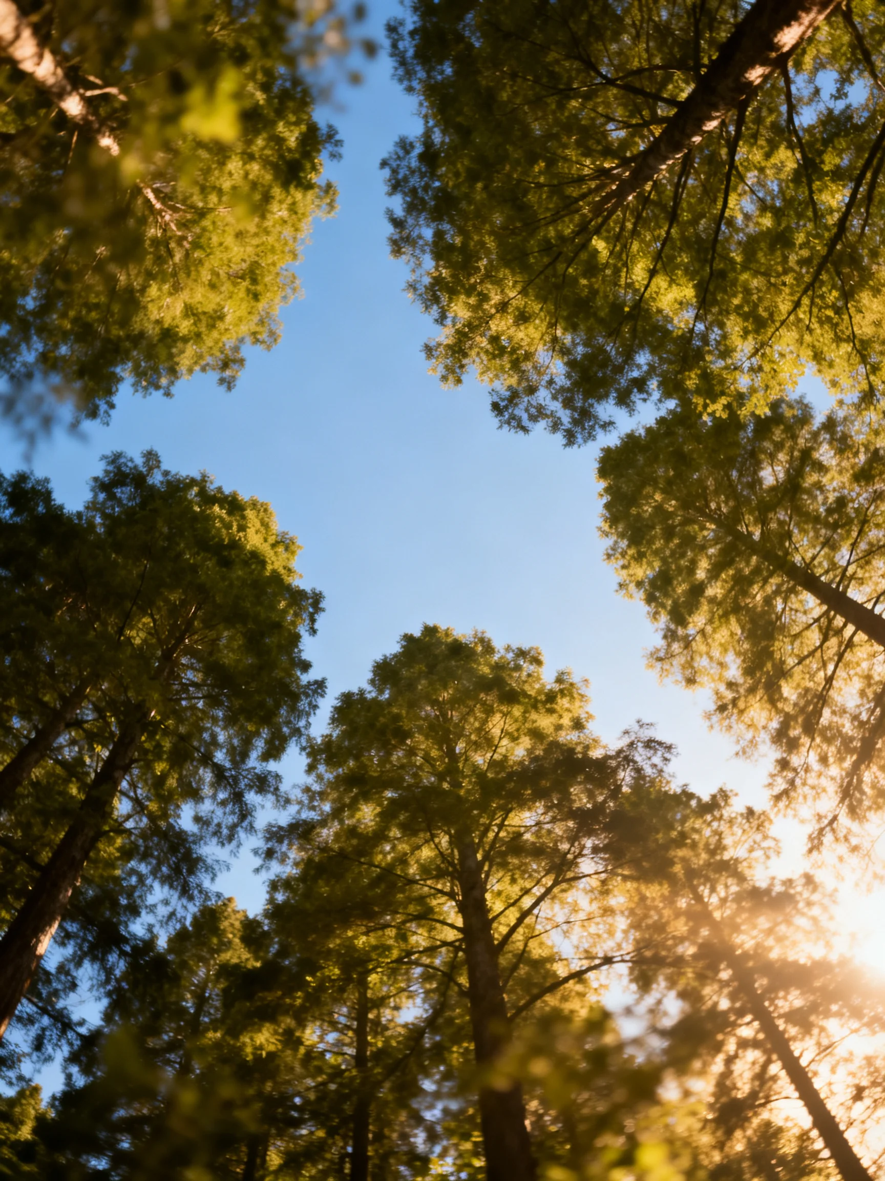 Tall green pine trees reach toward bright blue sky with golden sunlight