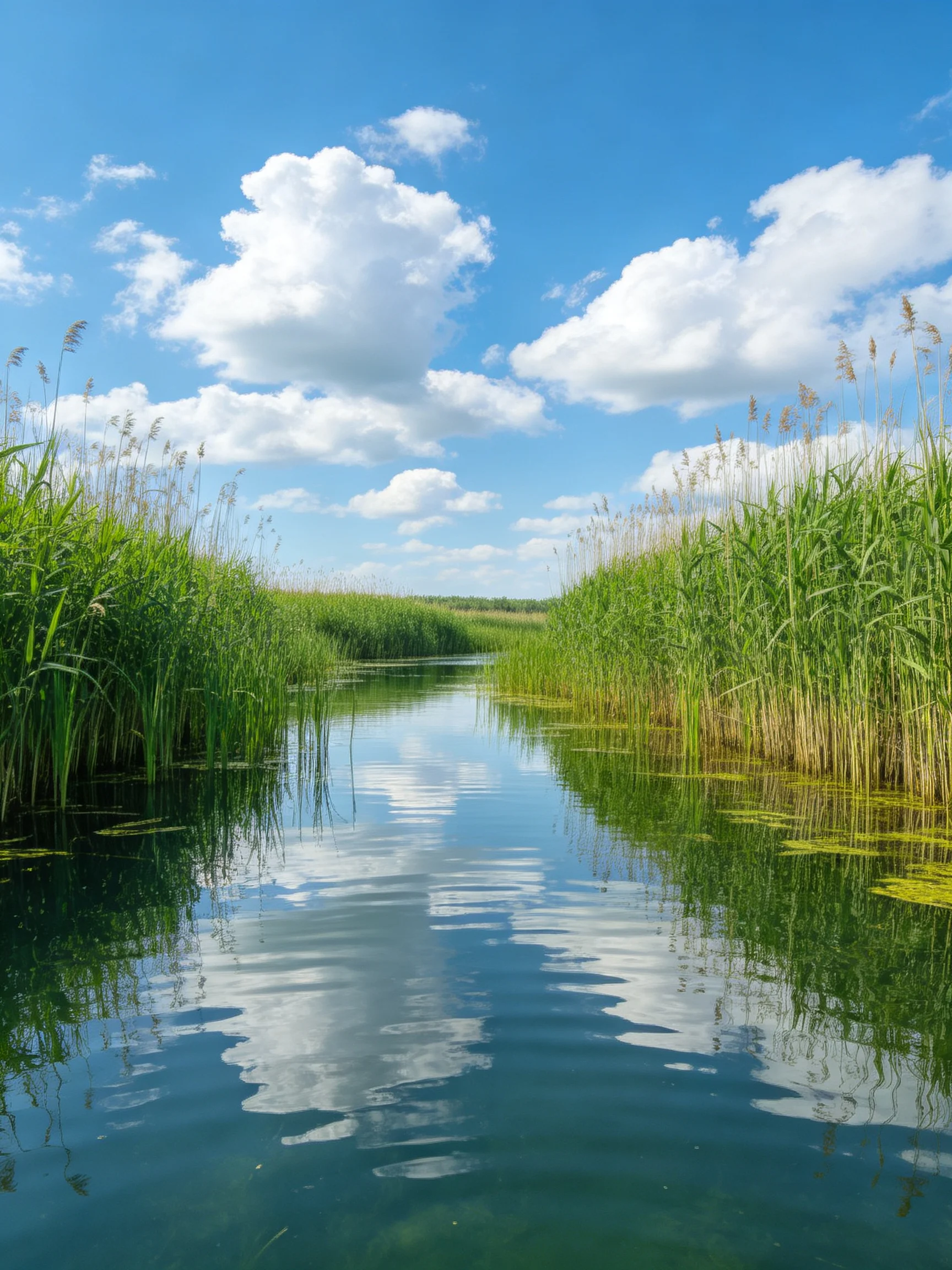 Tall green reeds border a calm waterway reflecting blue sky and fluffy clouds