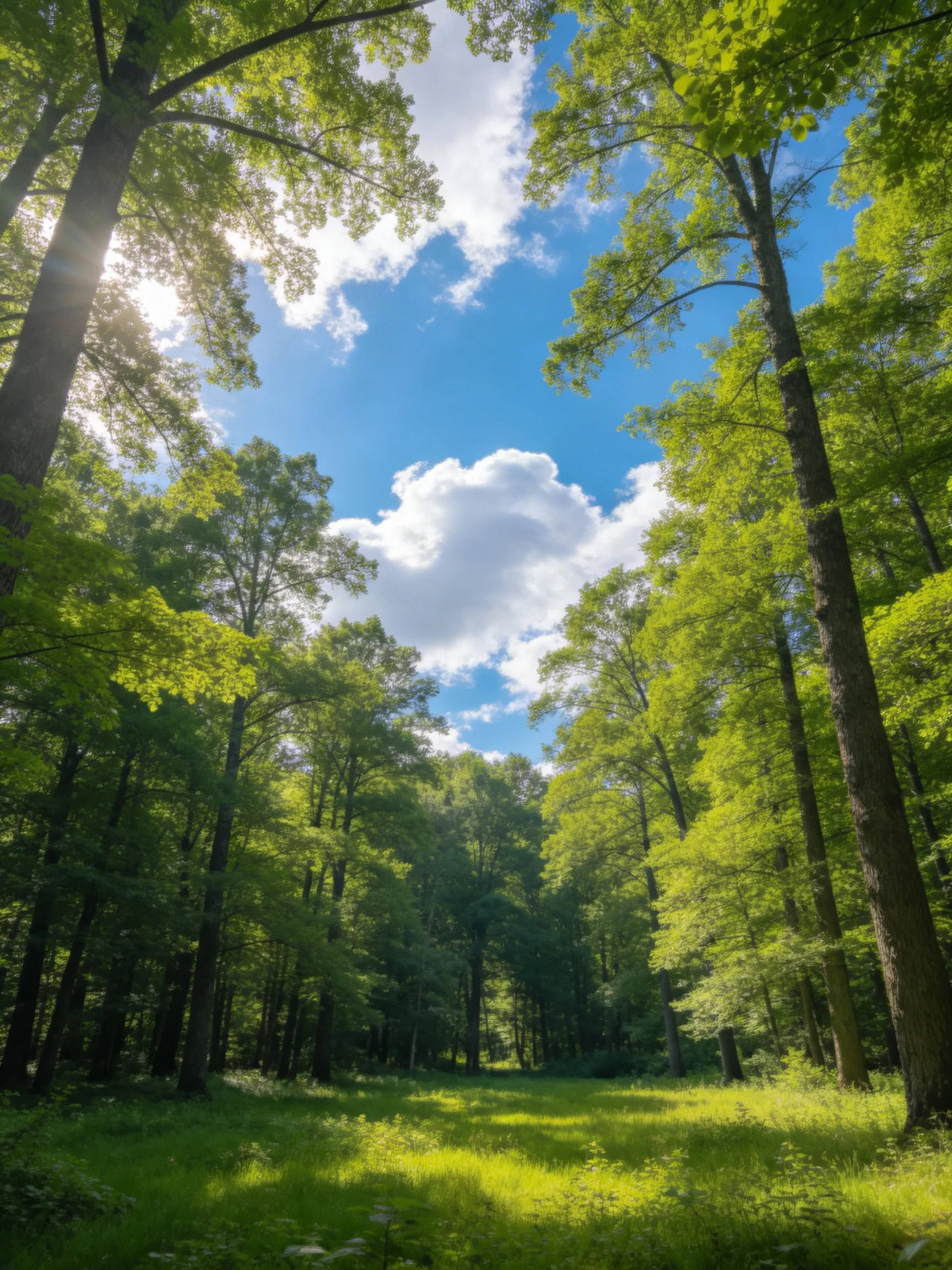 Tall green trees fill a sunlit forest clearing with bright blue sky