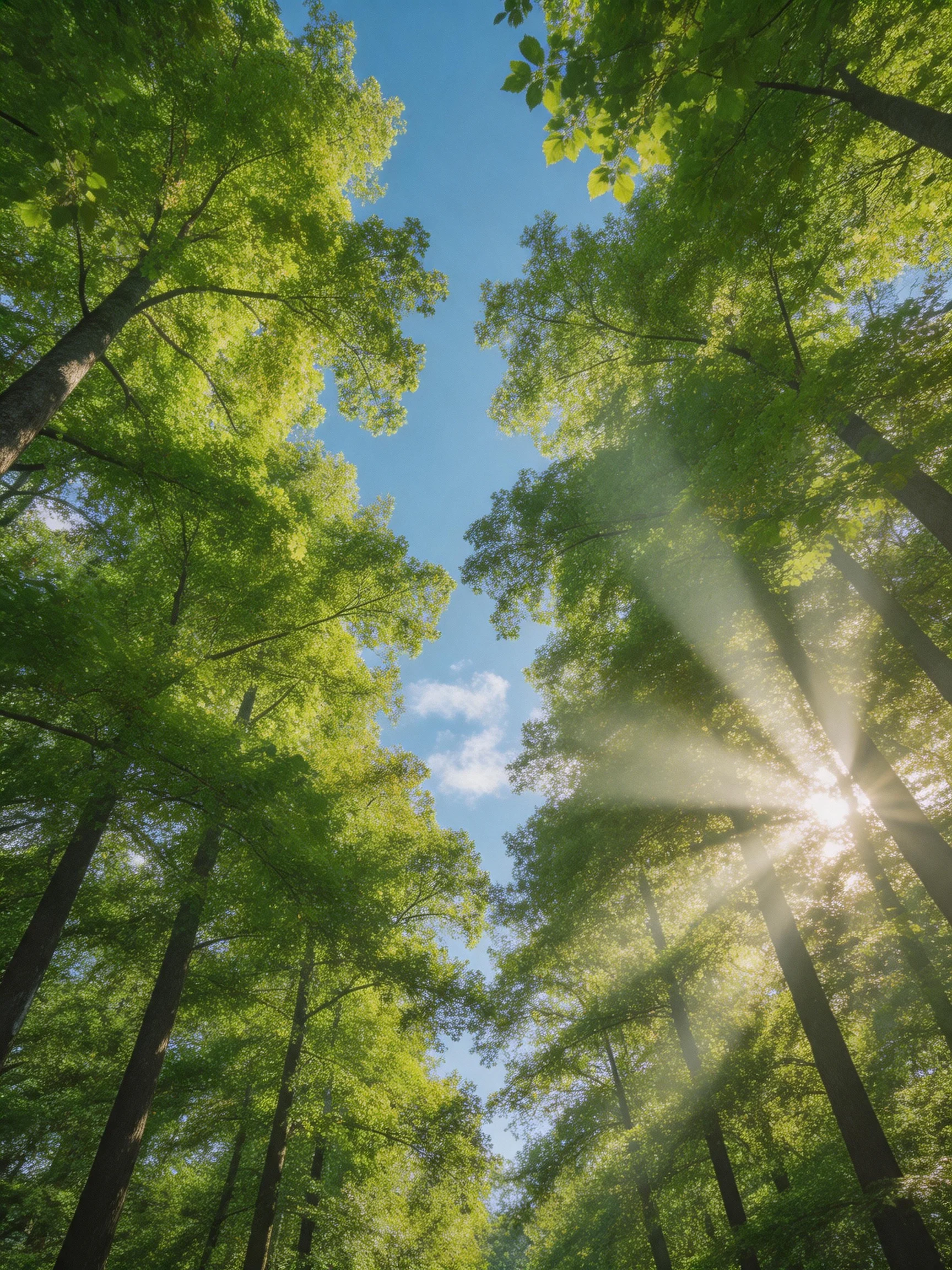 Tall green trees form a sunlit canopy with sunlight streaming