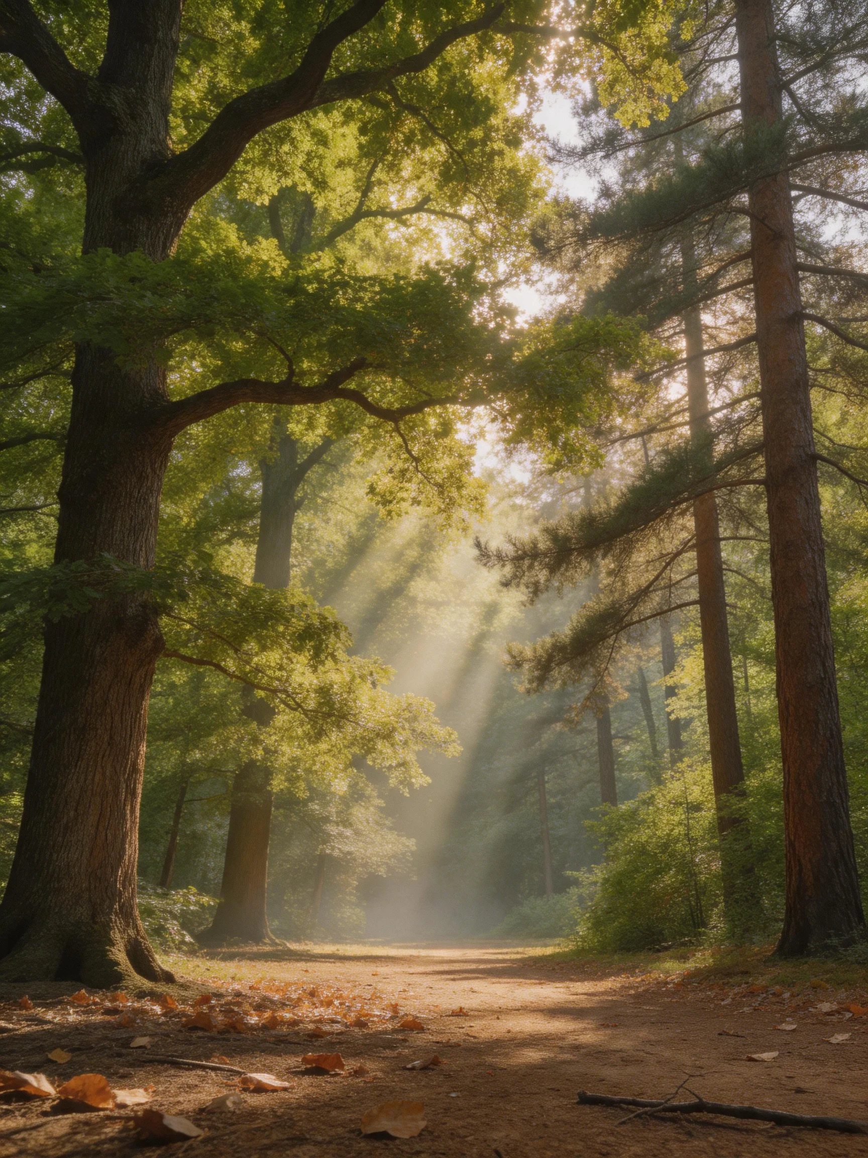 Tall green trees frame a sunlit forest path with sunlight filtering through