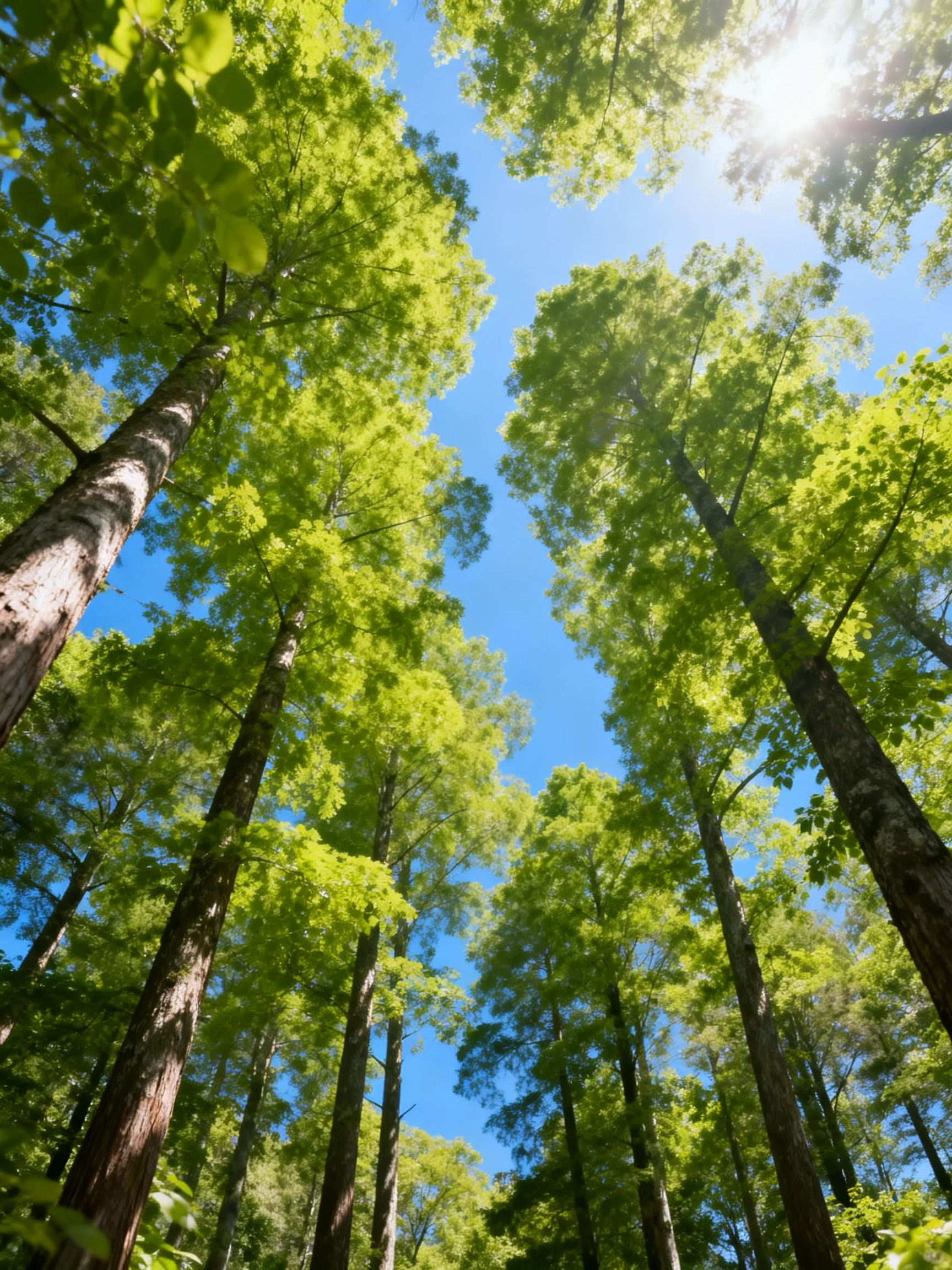 Tall green trees reach toward a bright blue sky with sunlight filtering