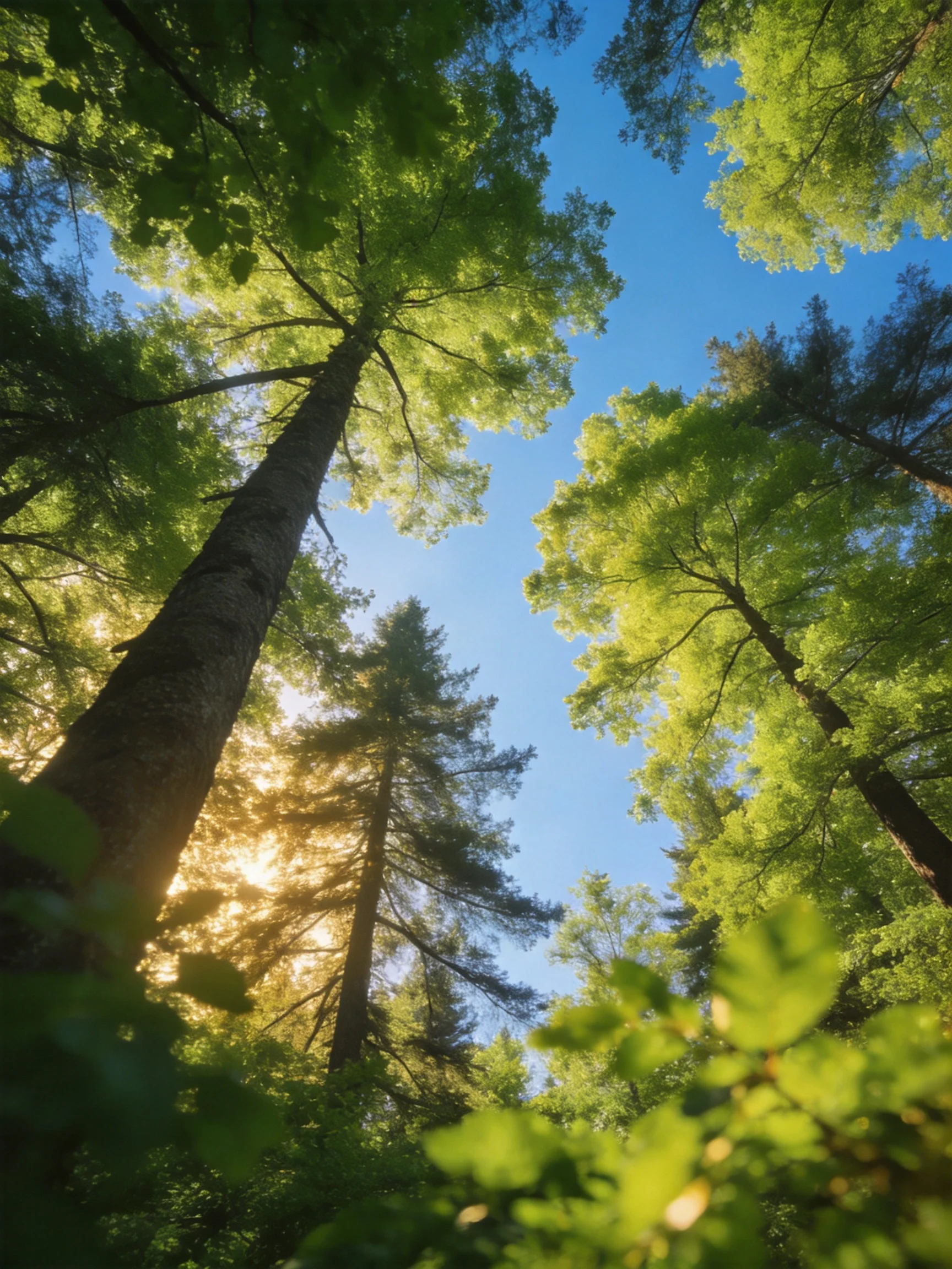 Tall green trees reach toward clear blue sky with sunlight filtering