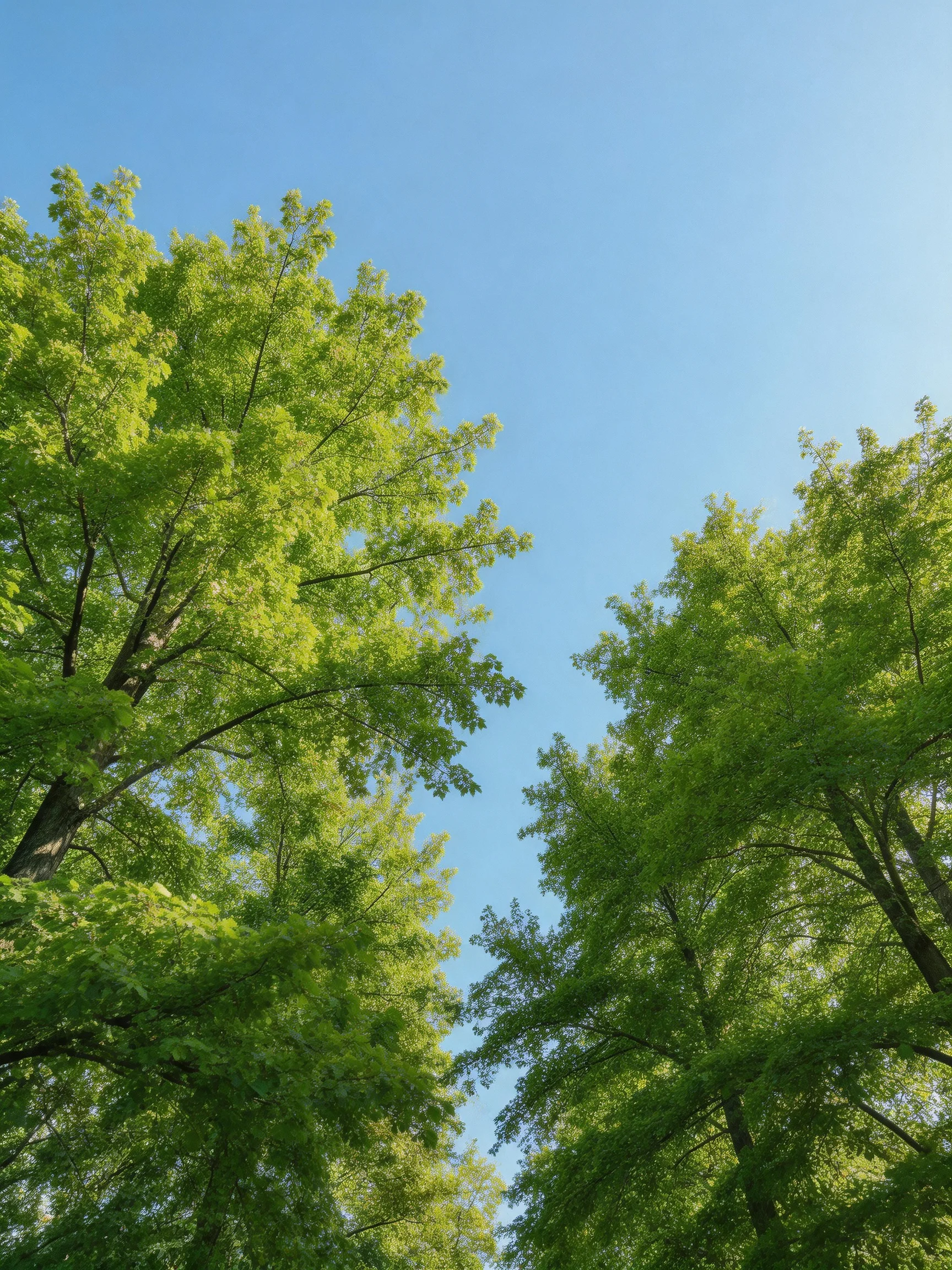 Tall green trees with dense foliage beneath a clear blue sky