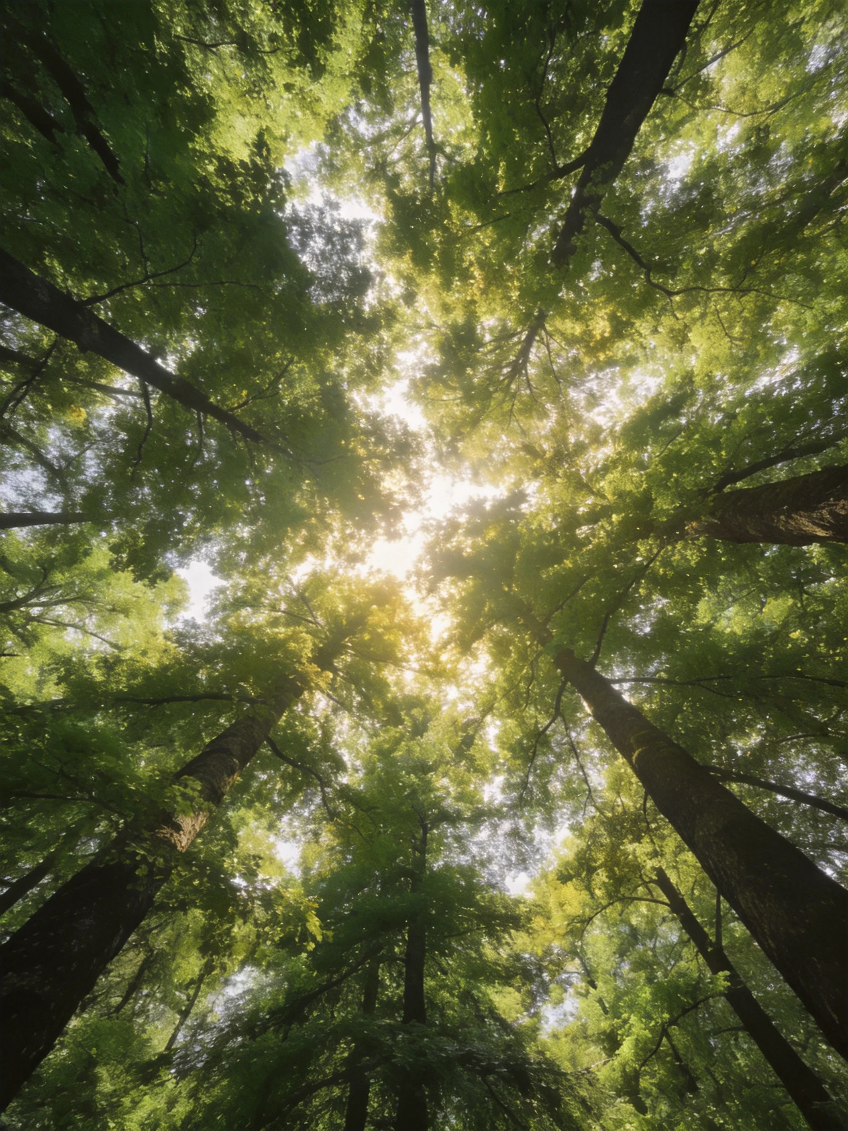 Tall green trees with sunlight filtering through dense foliage