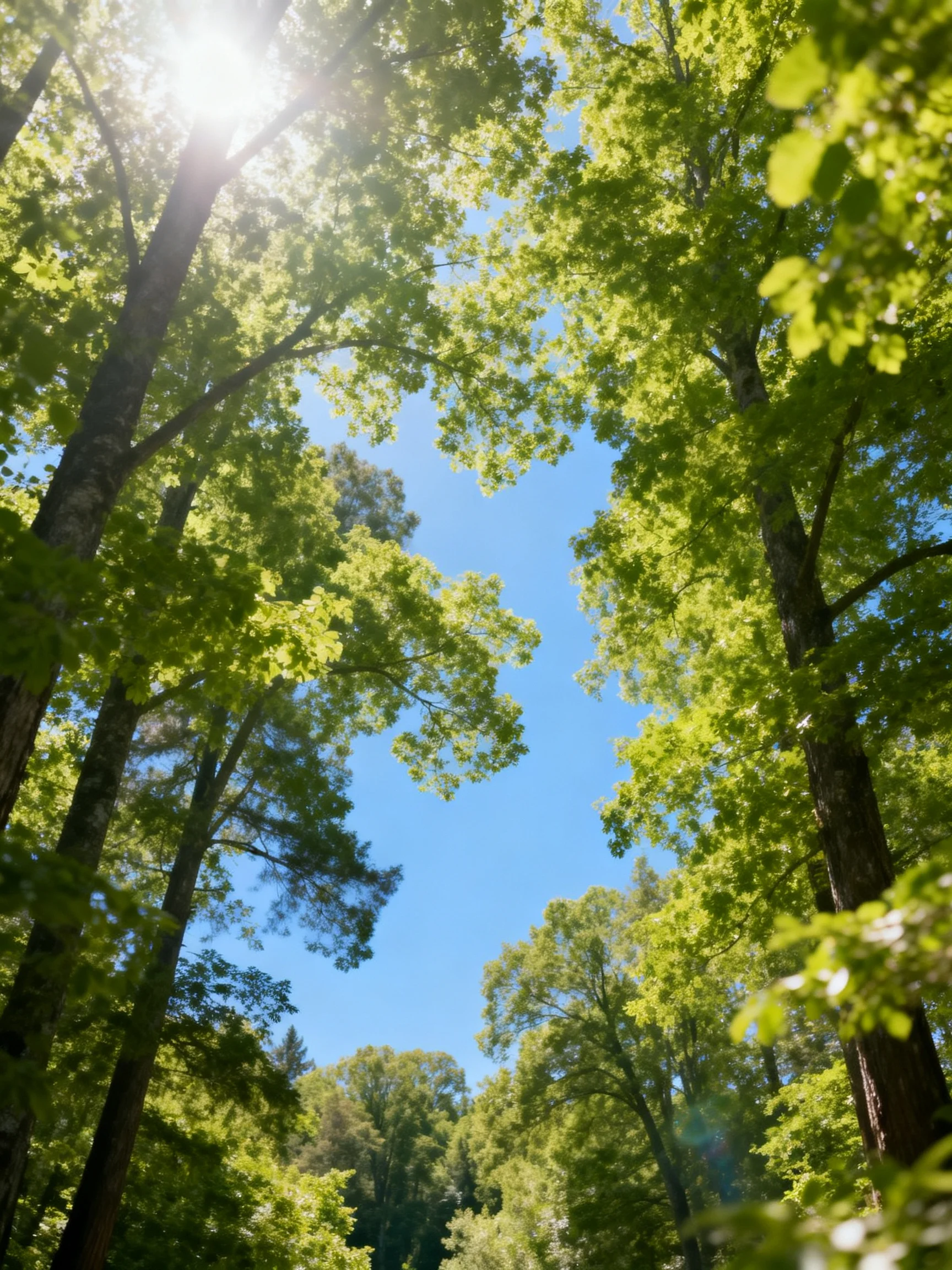 Tall green trees with sunlight streaming through clear blue sky