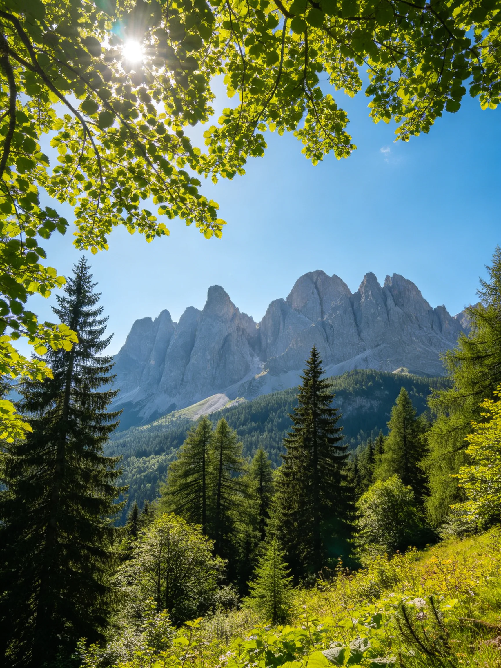 Tall jagged mountain peaks behind dense green forest under bright sun