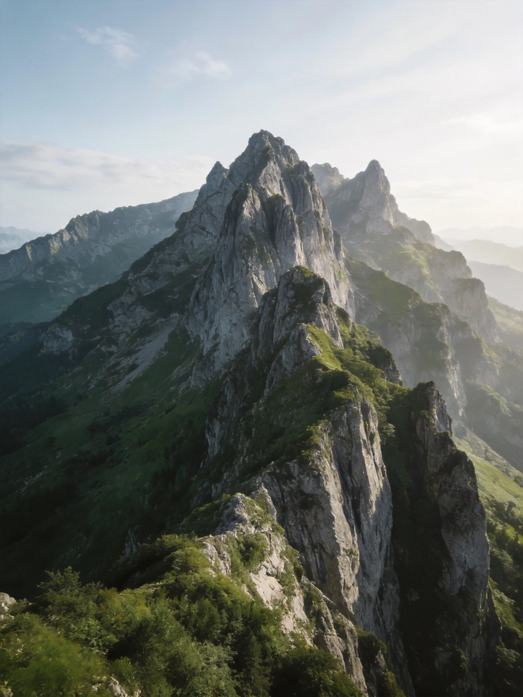 Tall jagged mountain peaks with lush green slopes under soft light