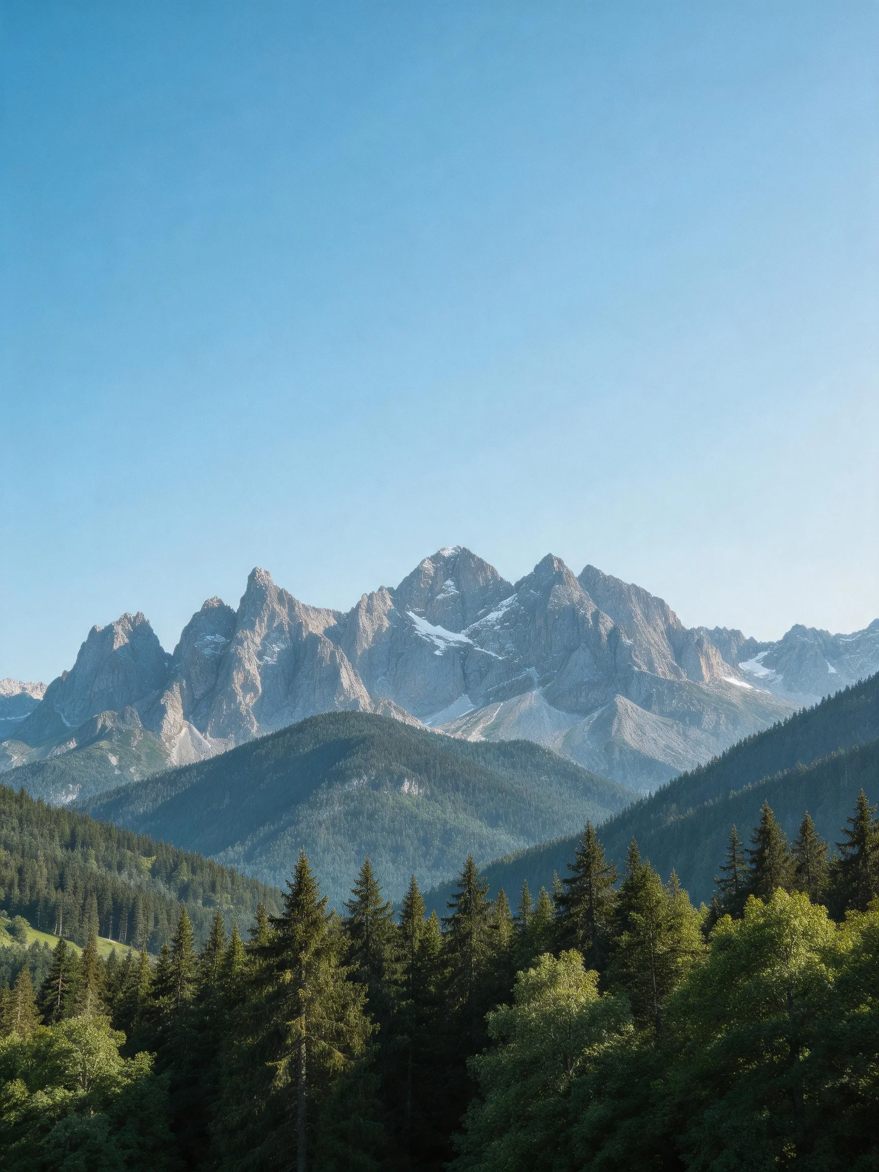 Tall jagged mountain peaks with snow patches rise above dense evergreen forests under clear blue sky