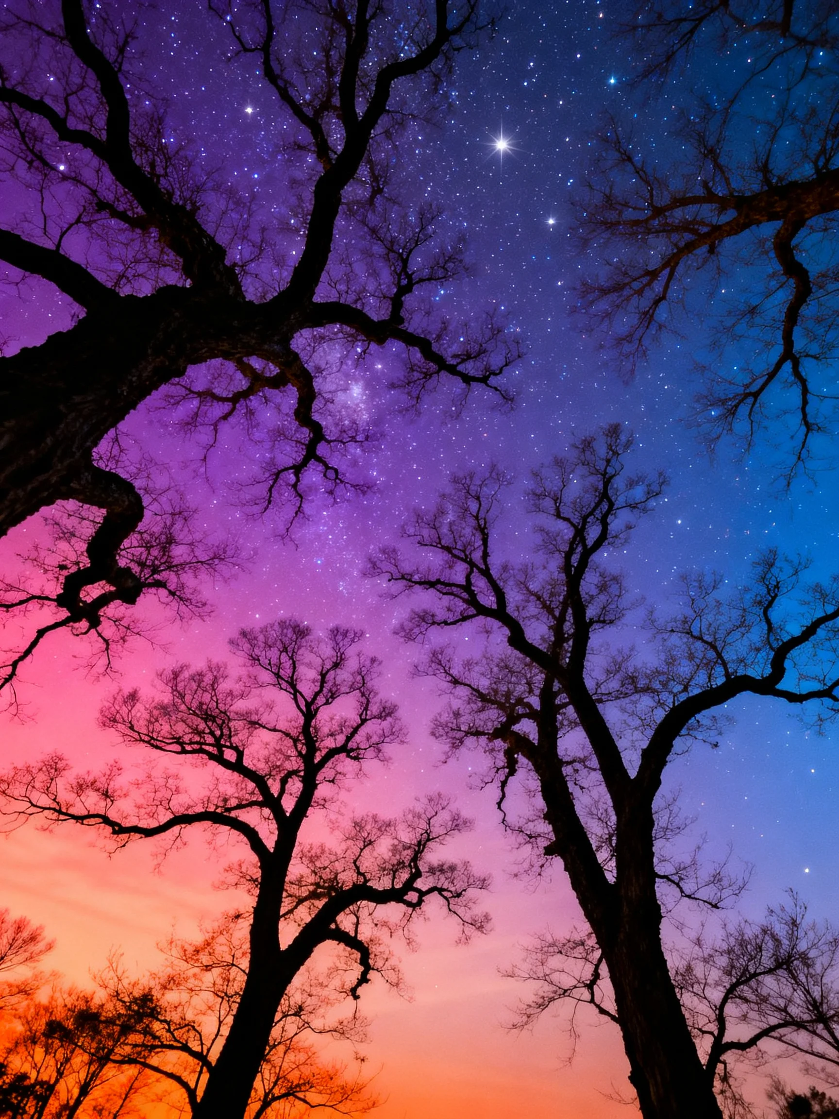 Tall leafless trees silhouetted against a vibrant multicolored starry night sky
