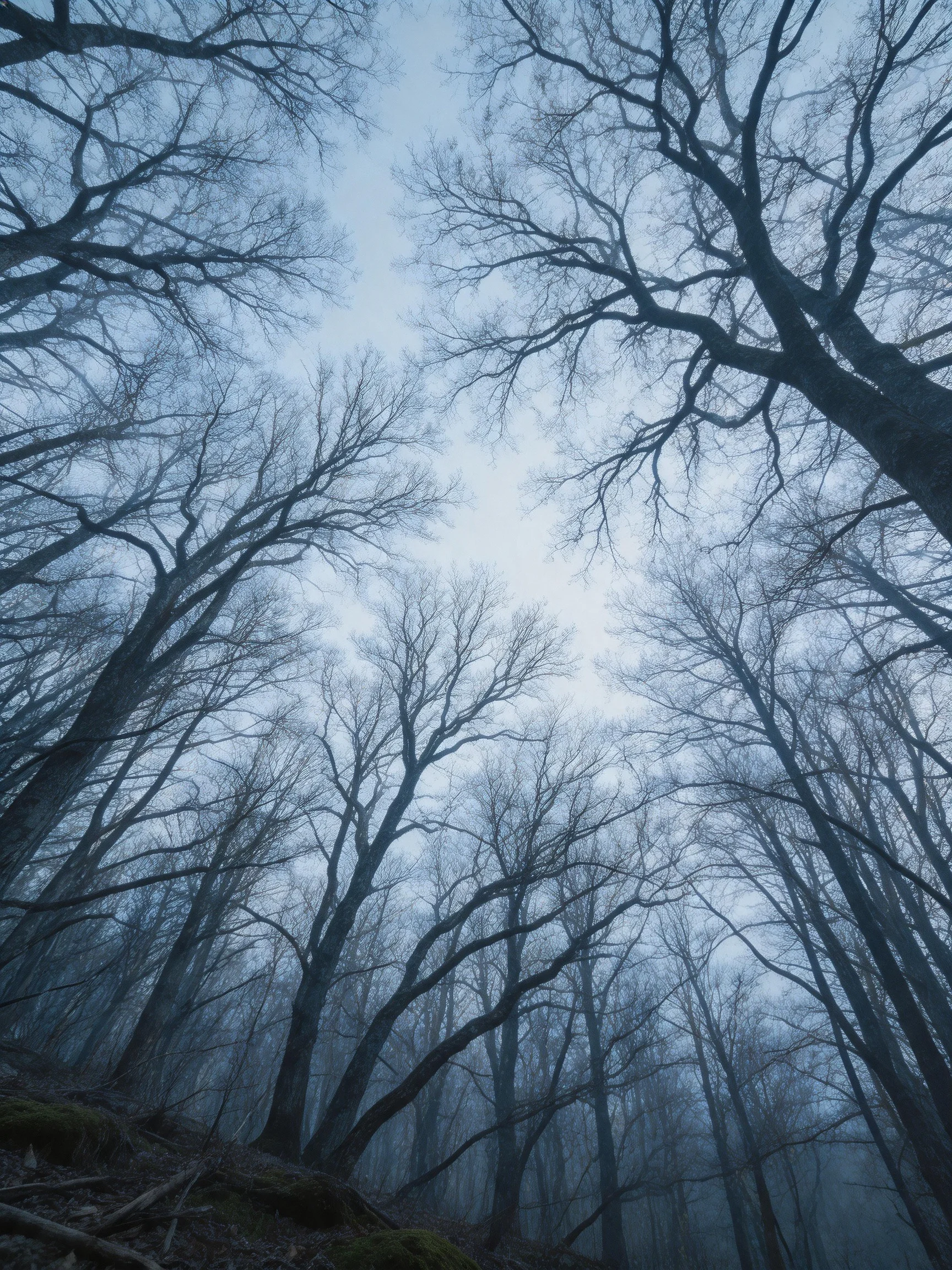 Tall leafless trees stretch toward a foggy, pale blue sky