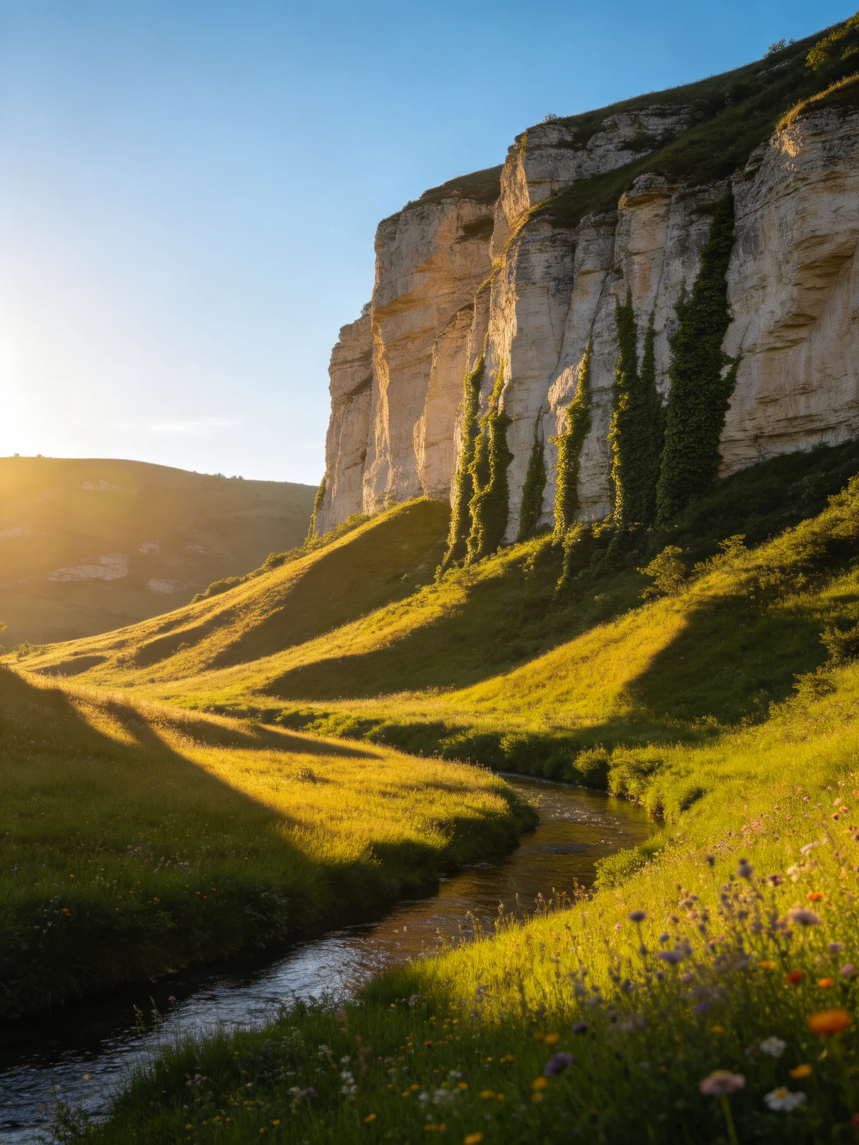 Tall limestone cliffs beside a winding stream in golden sunlight