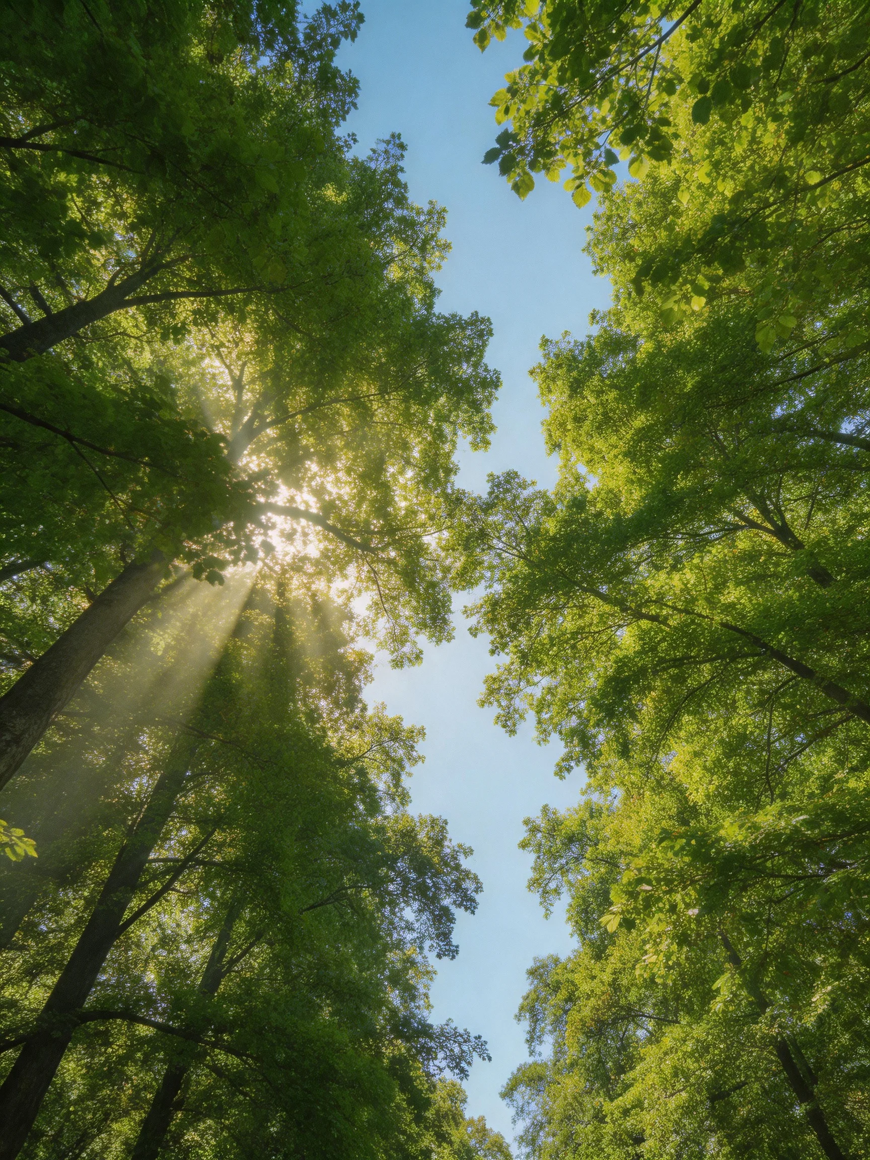 Tall lush green trees with sunlight streaming through the canopy