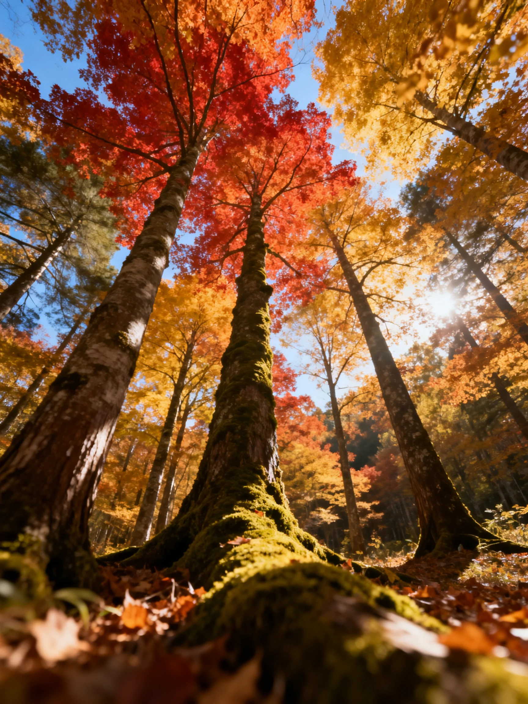 Tall maple trees display vibrant red and golden fall foliage among mossy trunks