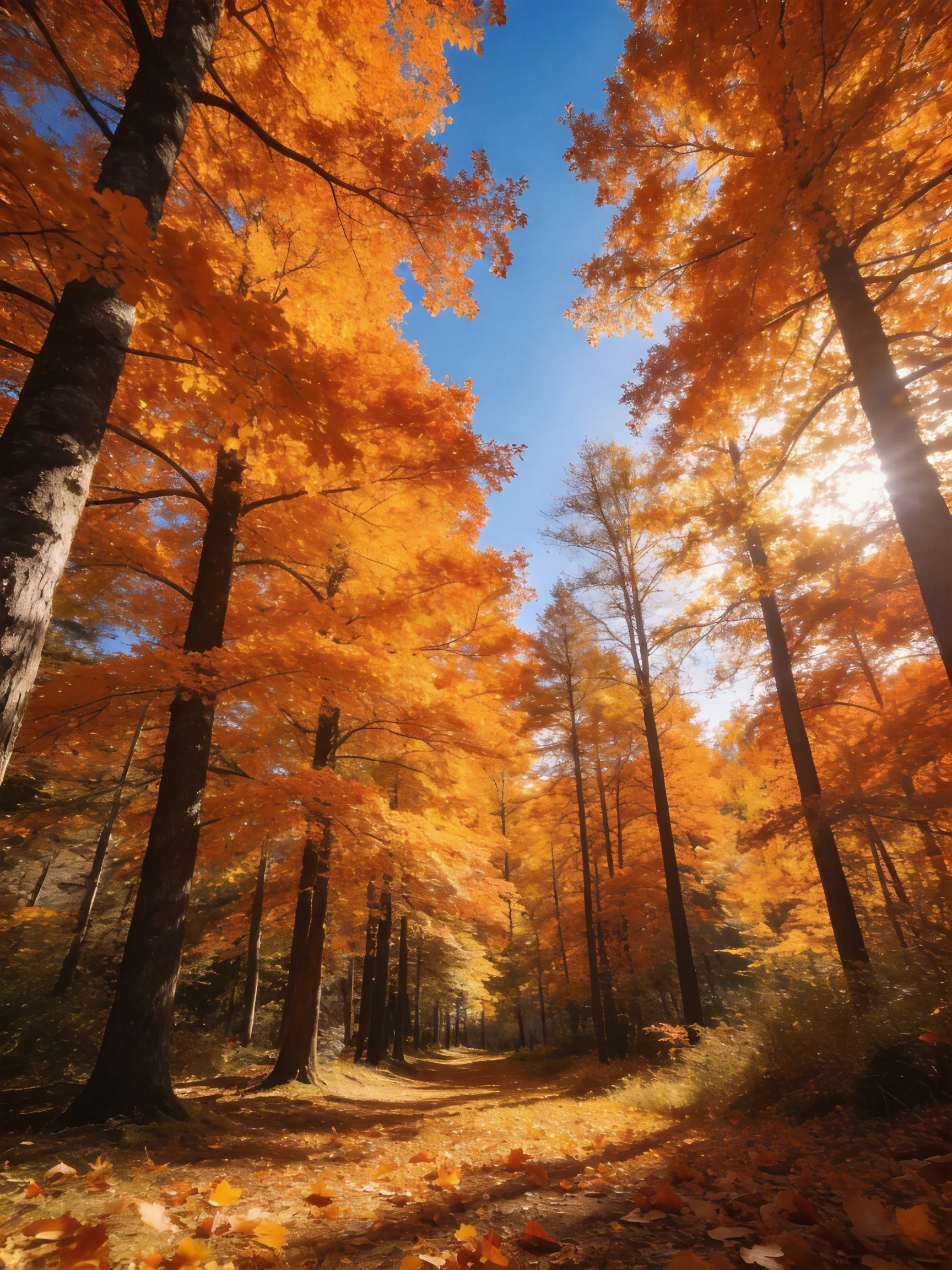 Tall maple trees with golden-orange foliage along a sunlit forest trail