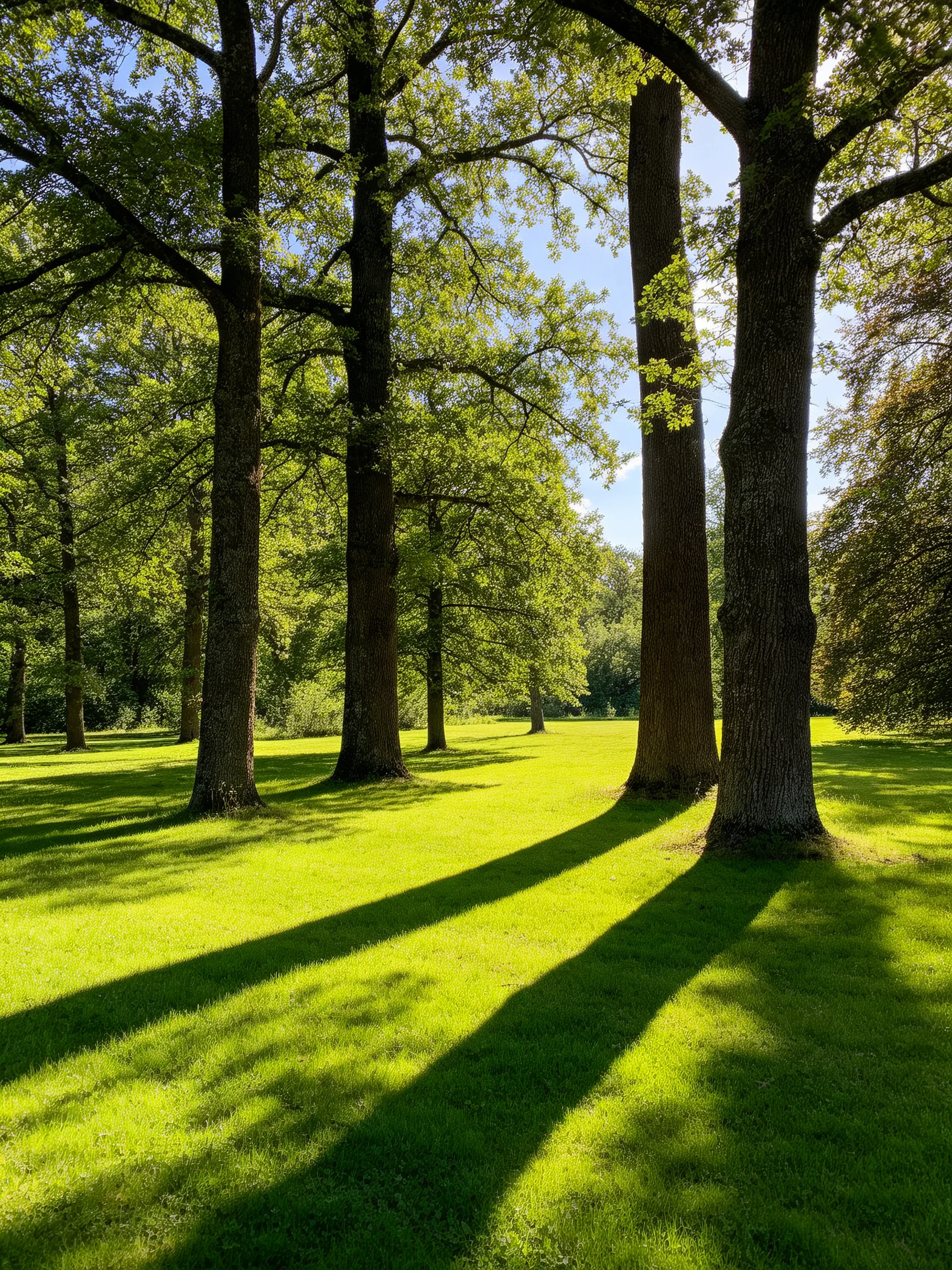 Tall mature oak trees cast long shadows over vibrant green meadow
