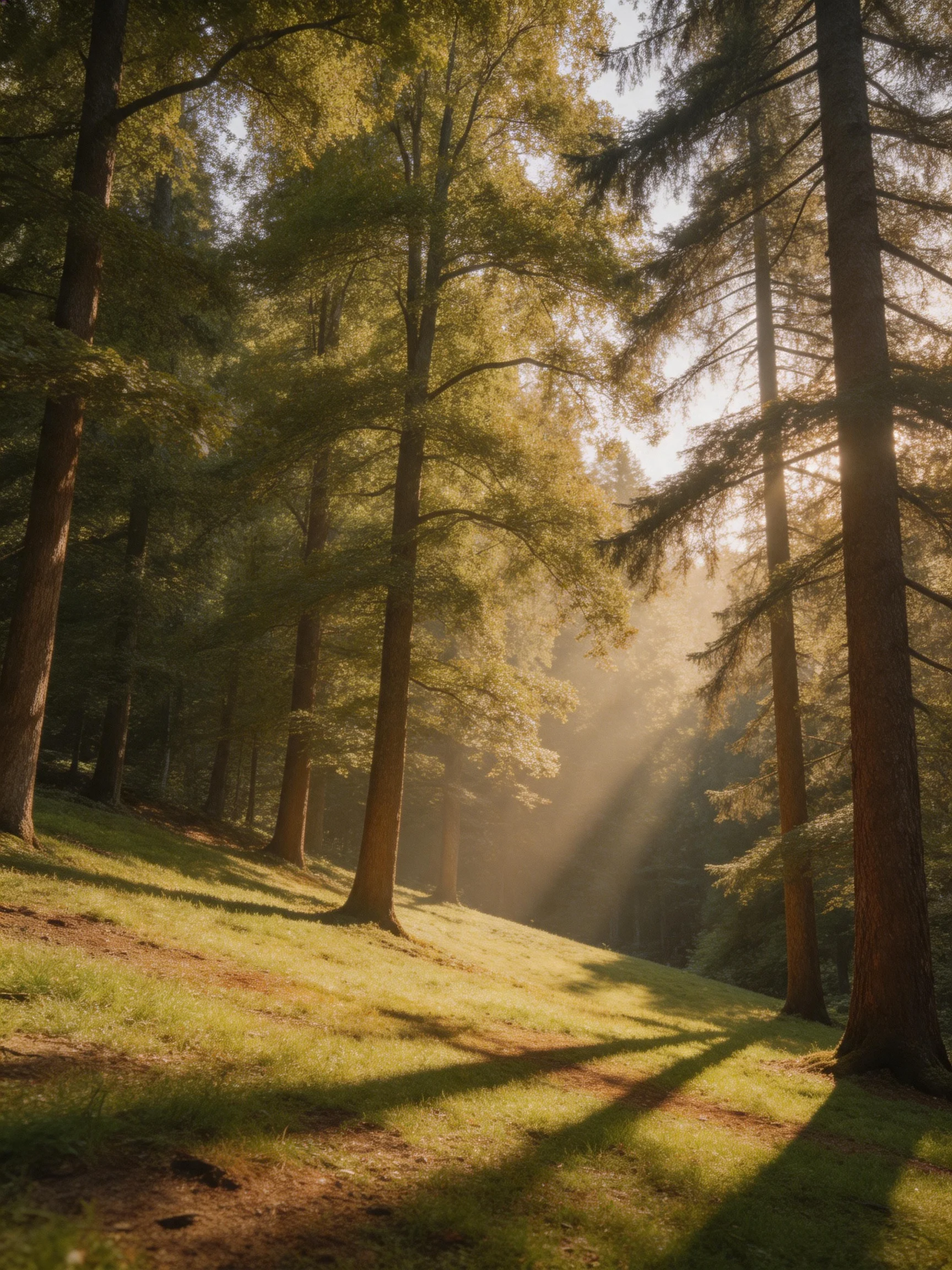 Tall mixed-growth trees with golden sunlight in a misty forest glade