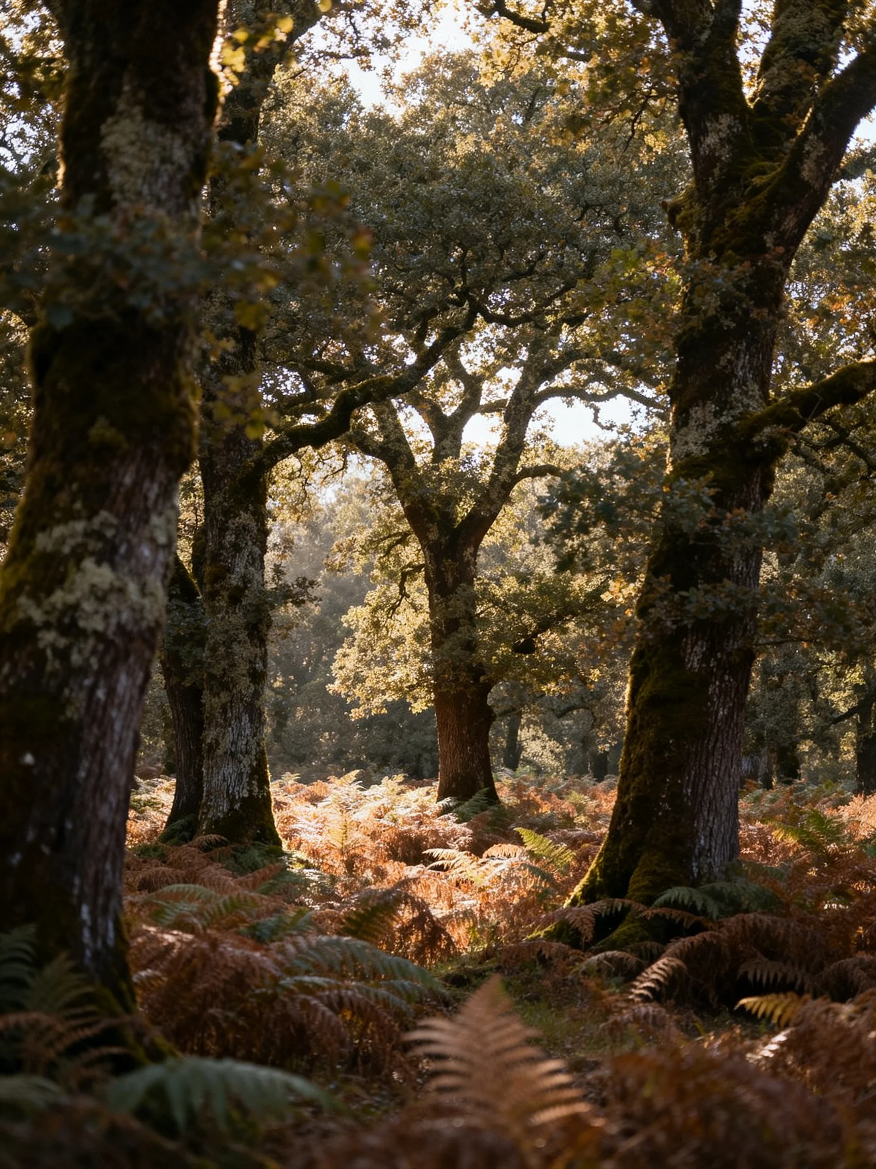 Tall moss-covered oaks and golden ferns in sunlit forest
