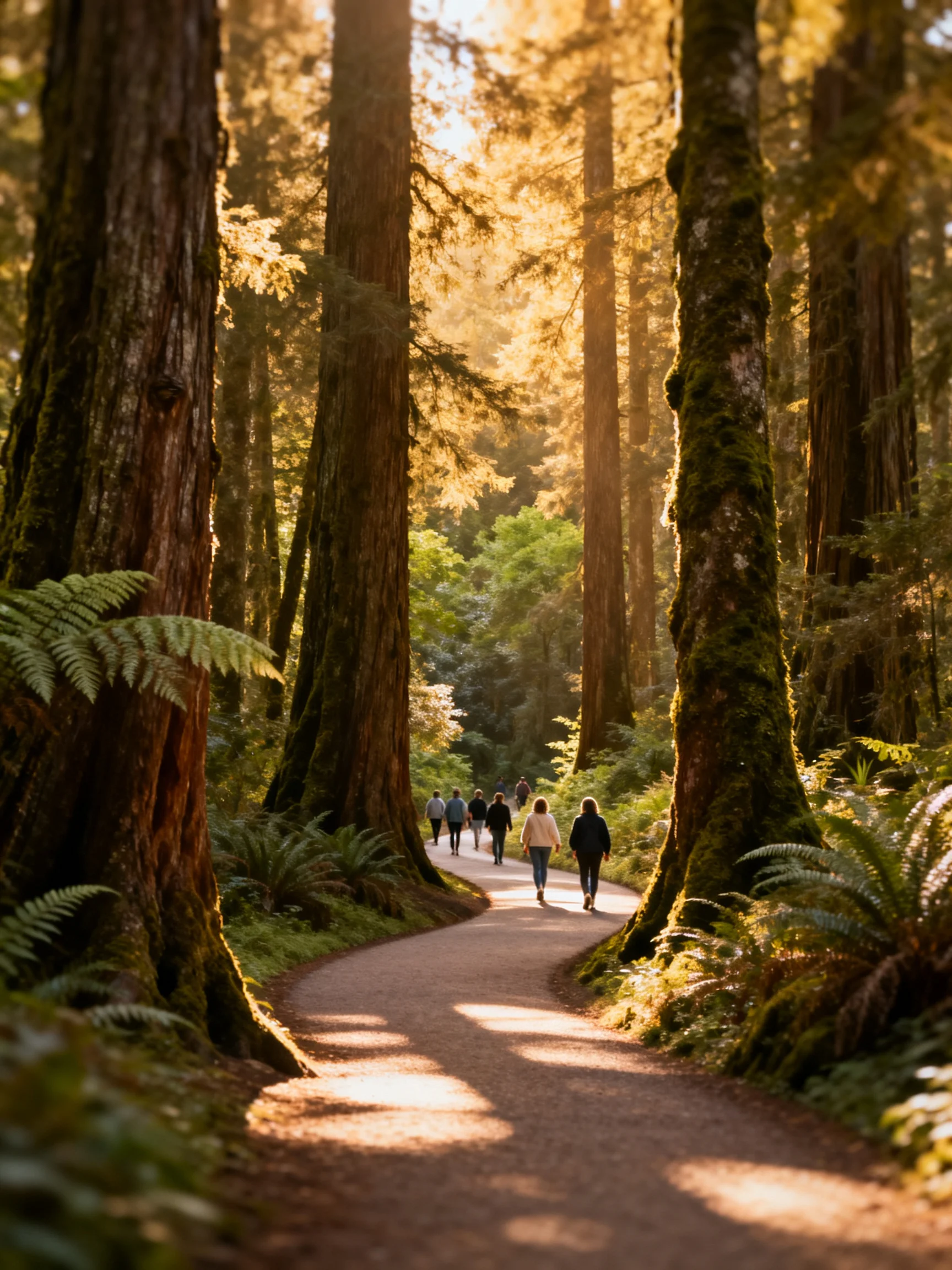 Tall moss-covered redwood trees along a winding forest path with golden sunlight