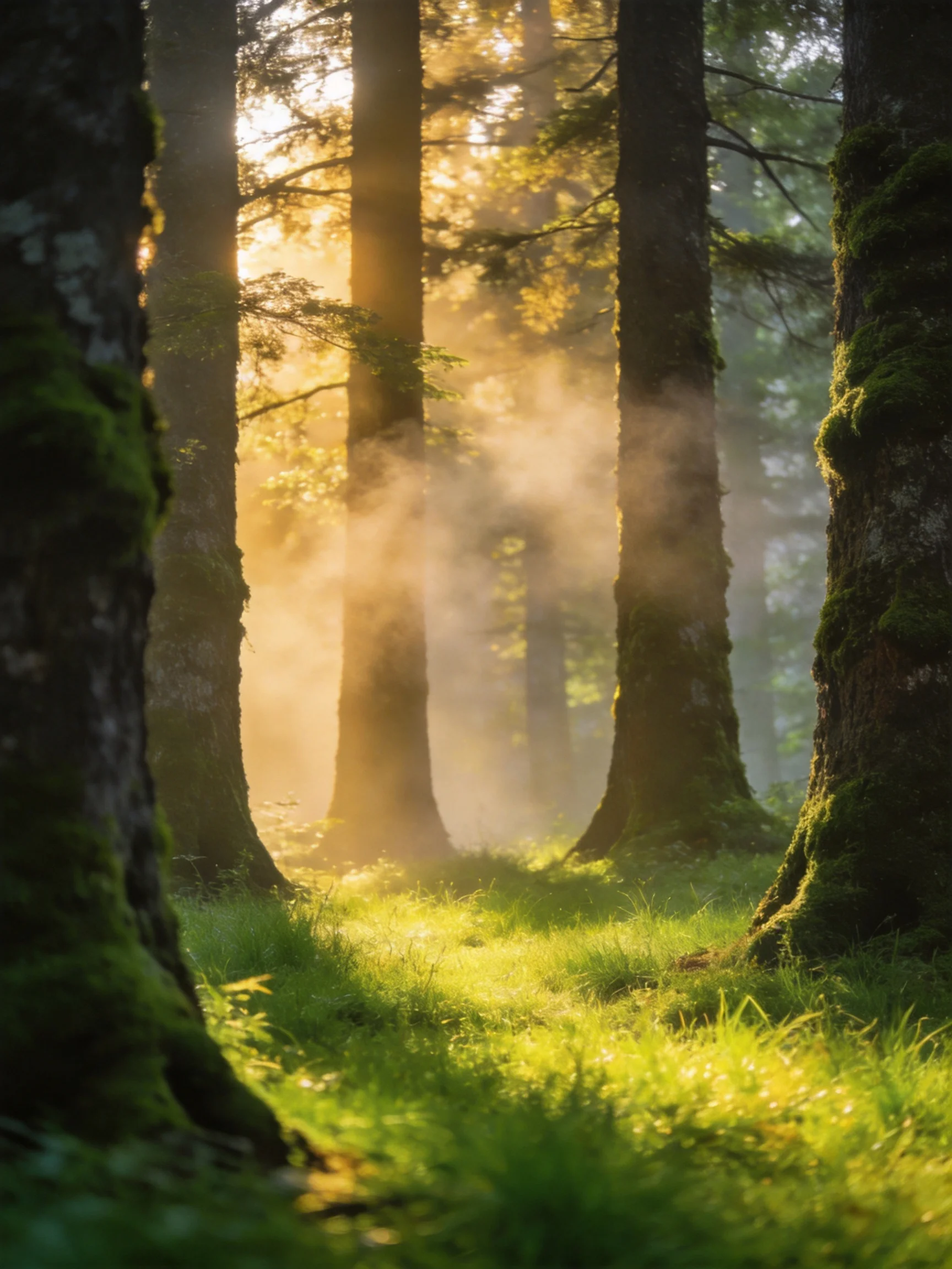 Tall moss-covered trees in a sunlit forest with morning mist