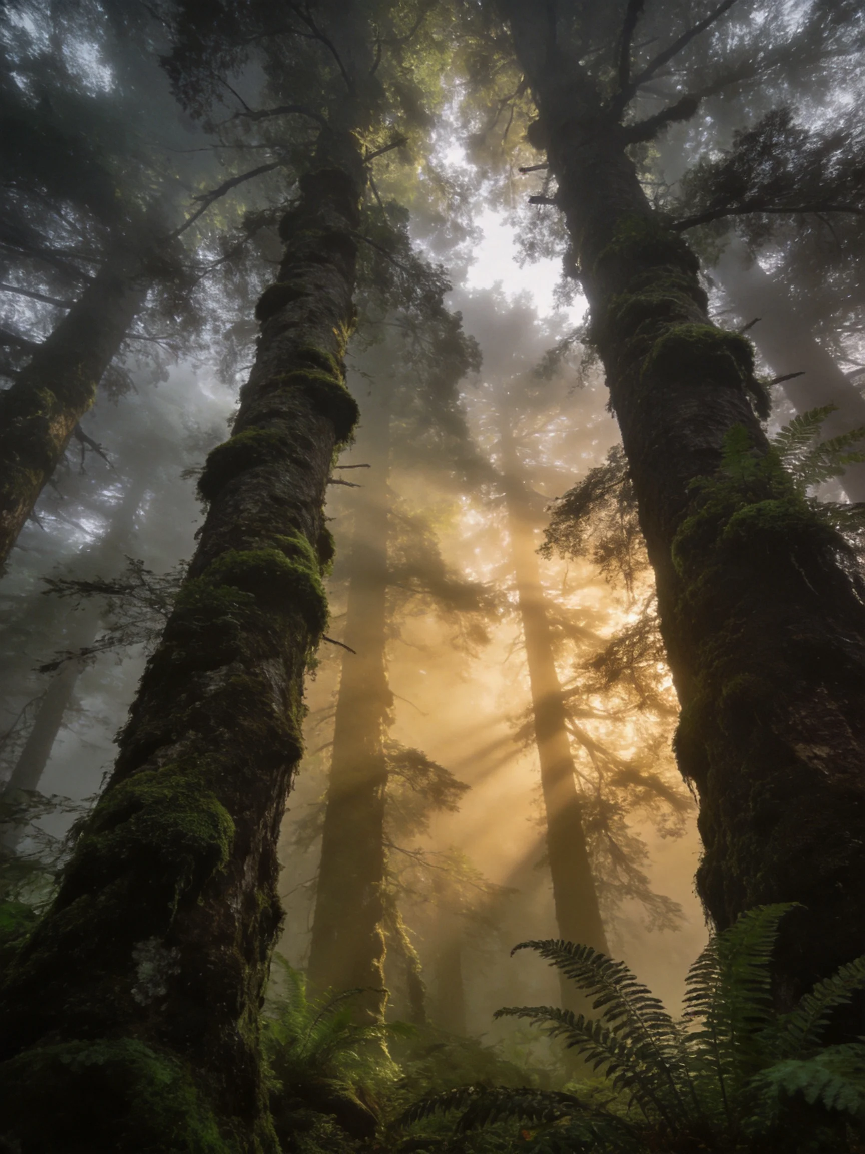 Tall moss-covered trees in misty forest with golden sunlight beams
