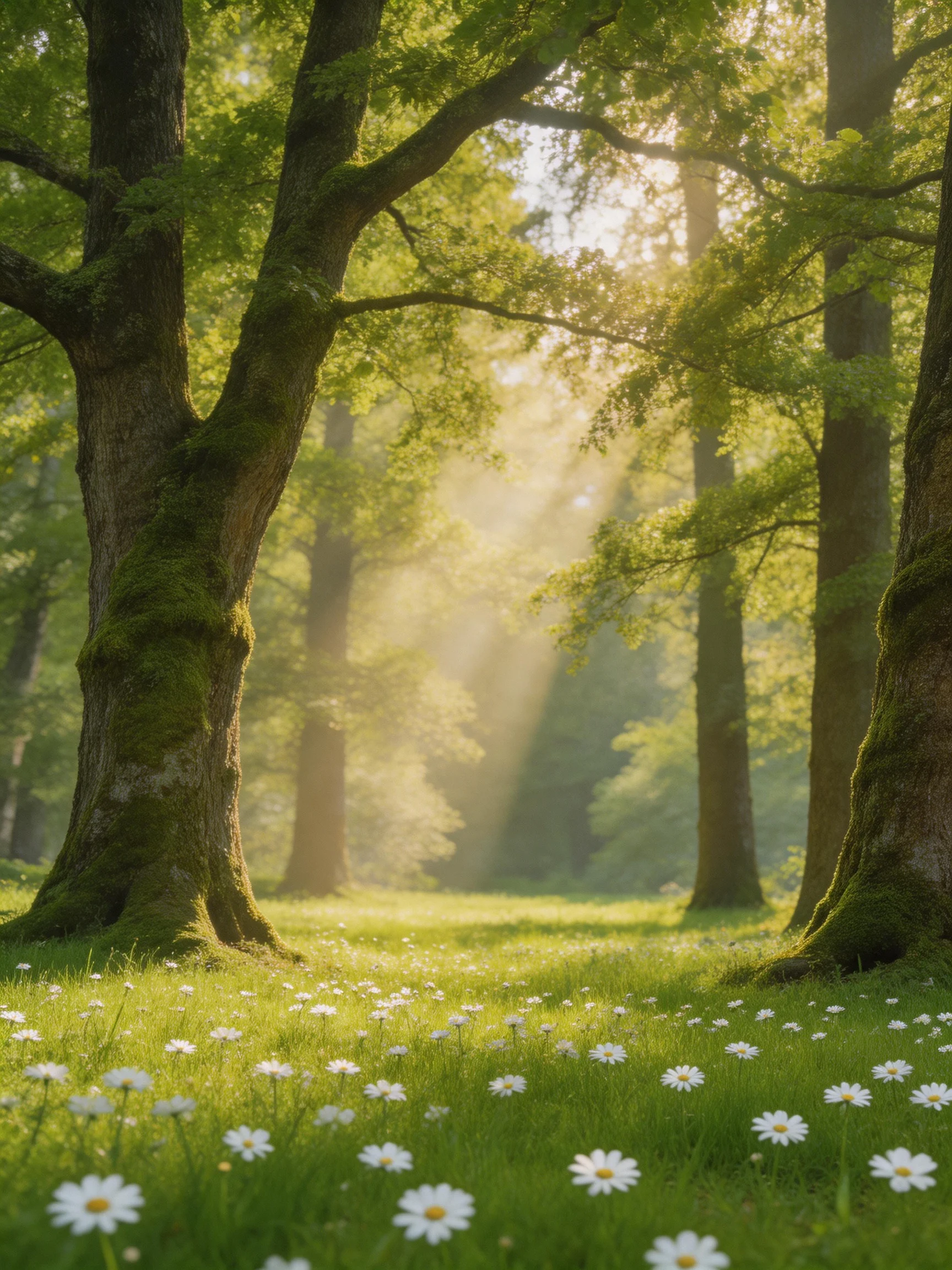 Tall moss-covered trees with white flowers under golden sunlight