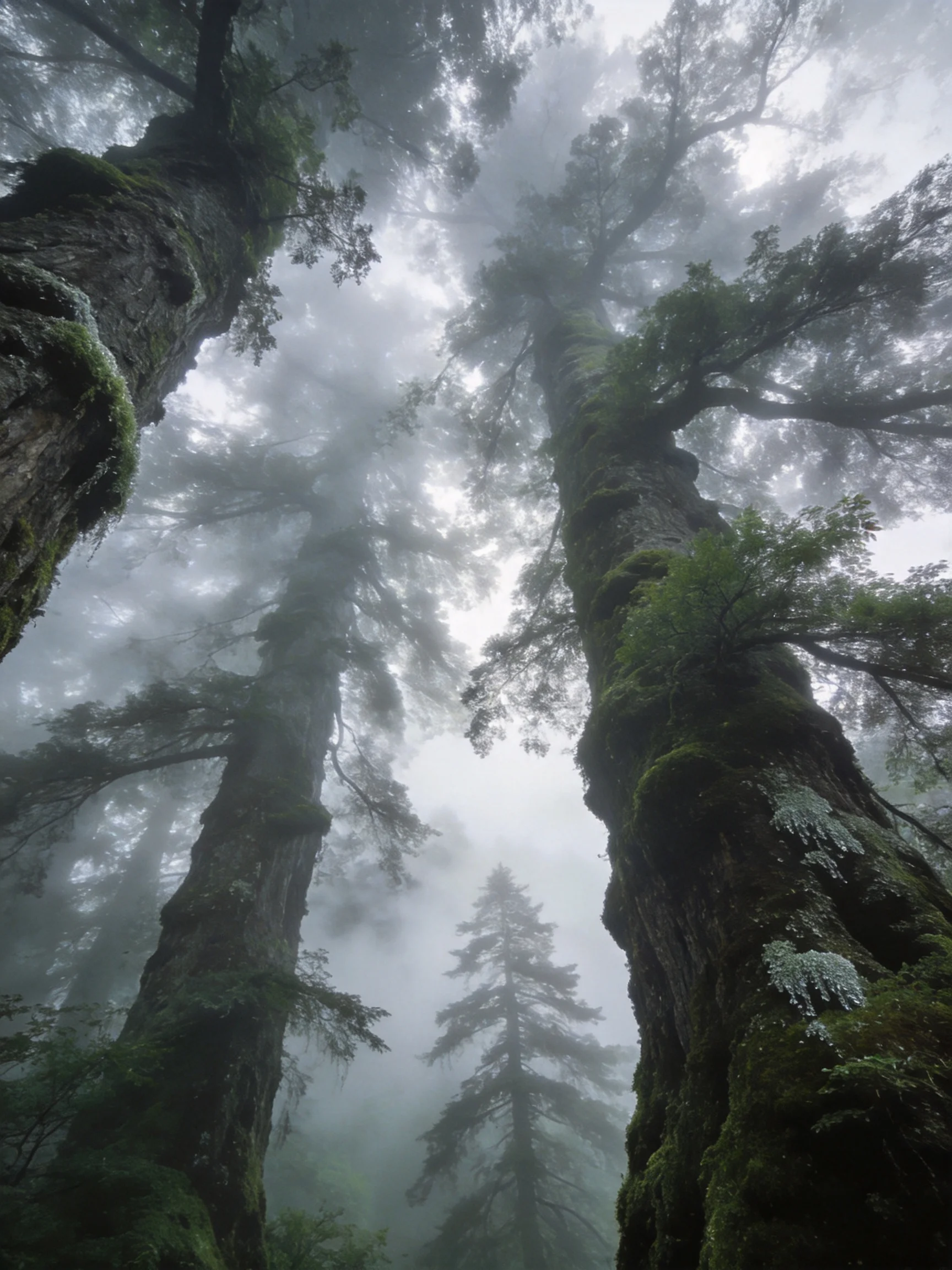 Tall moss-draped ancient trees tower in misty forest canopy