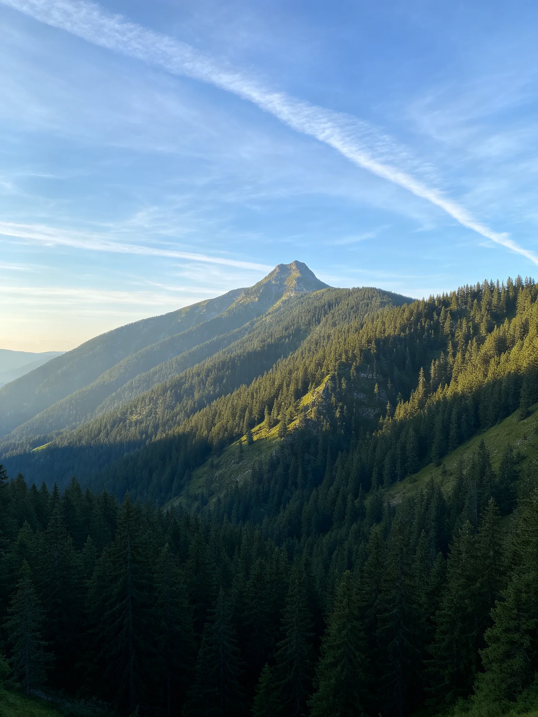 Tall mountain peak with dense evergreen forests under bright blue sky