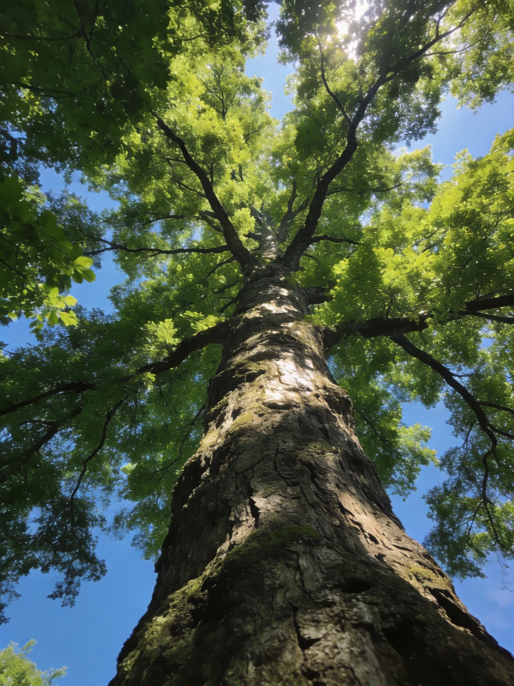 Tall oak tree with vibrant green foliage against clear blue sky