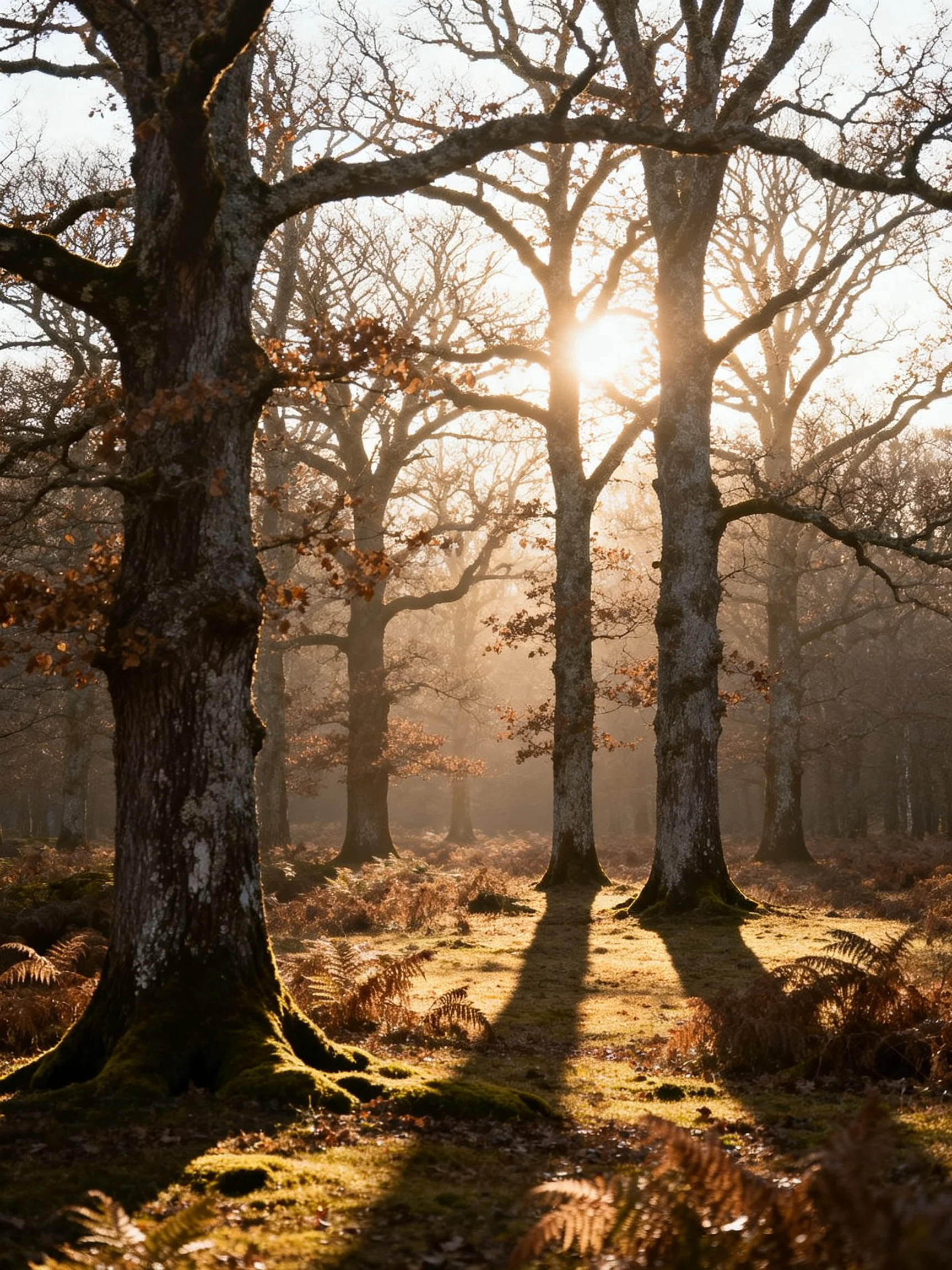 Tall oak trees bathed in golden morning light within a misty forest