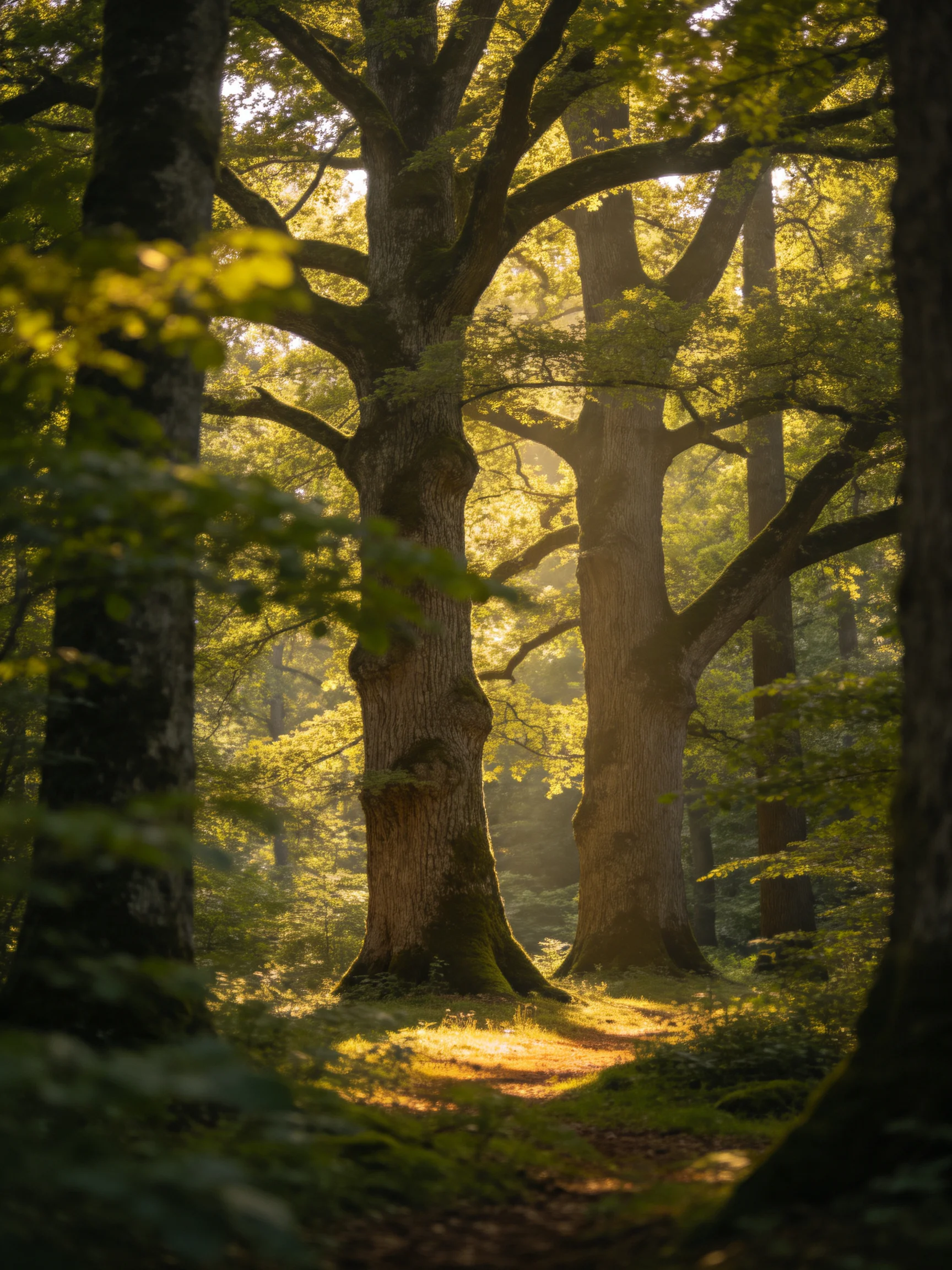 Tall oak trees bathed in golden sunlight along a mossy forest path