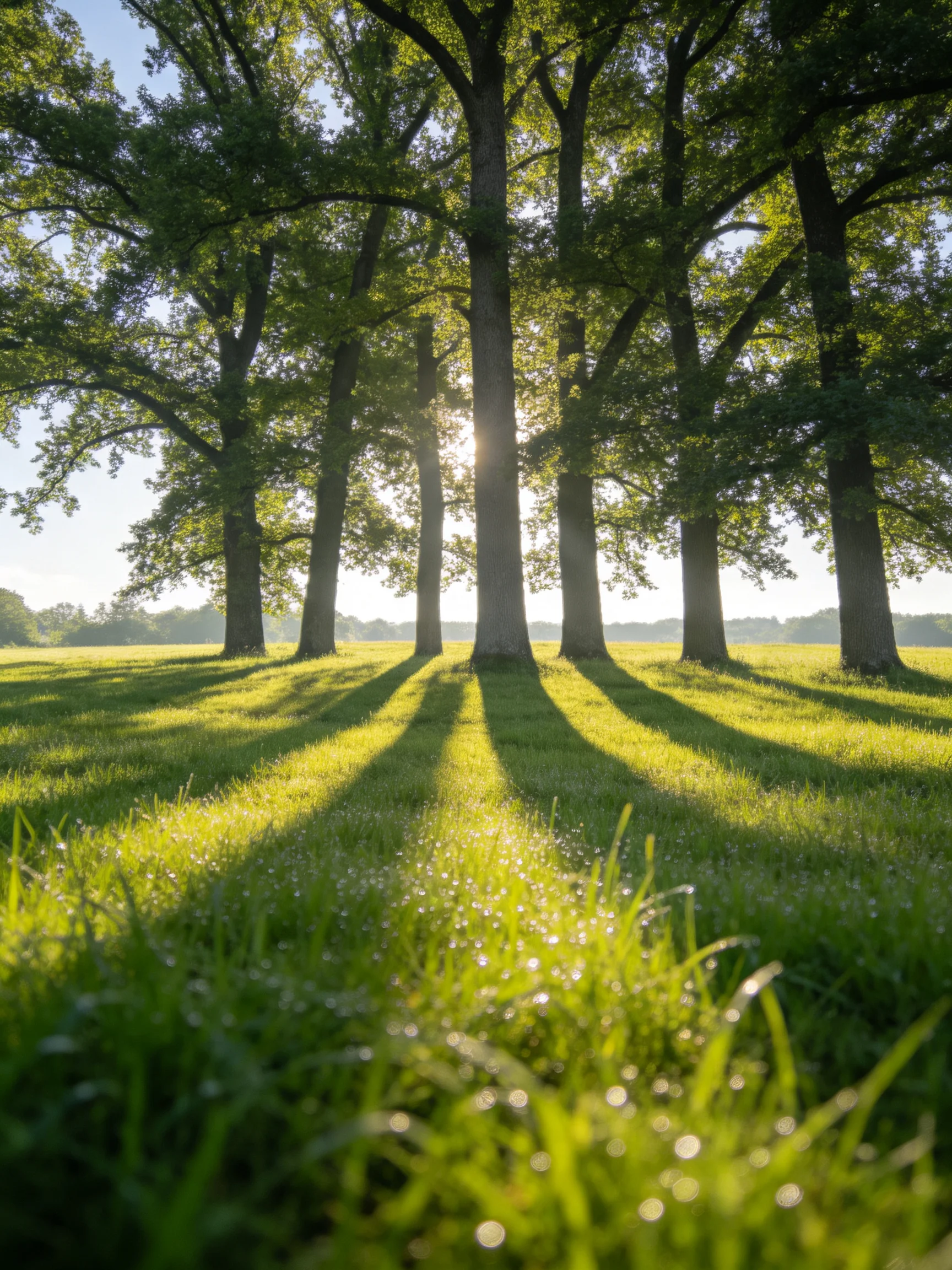 Tall oak trees cast long shadows over a sunlit green meadow