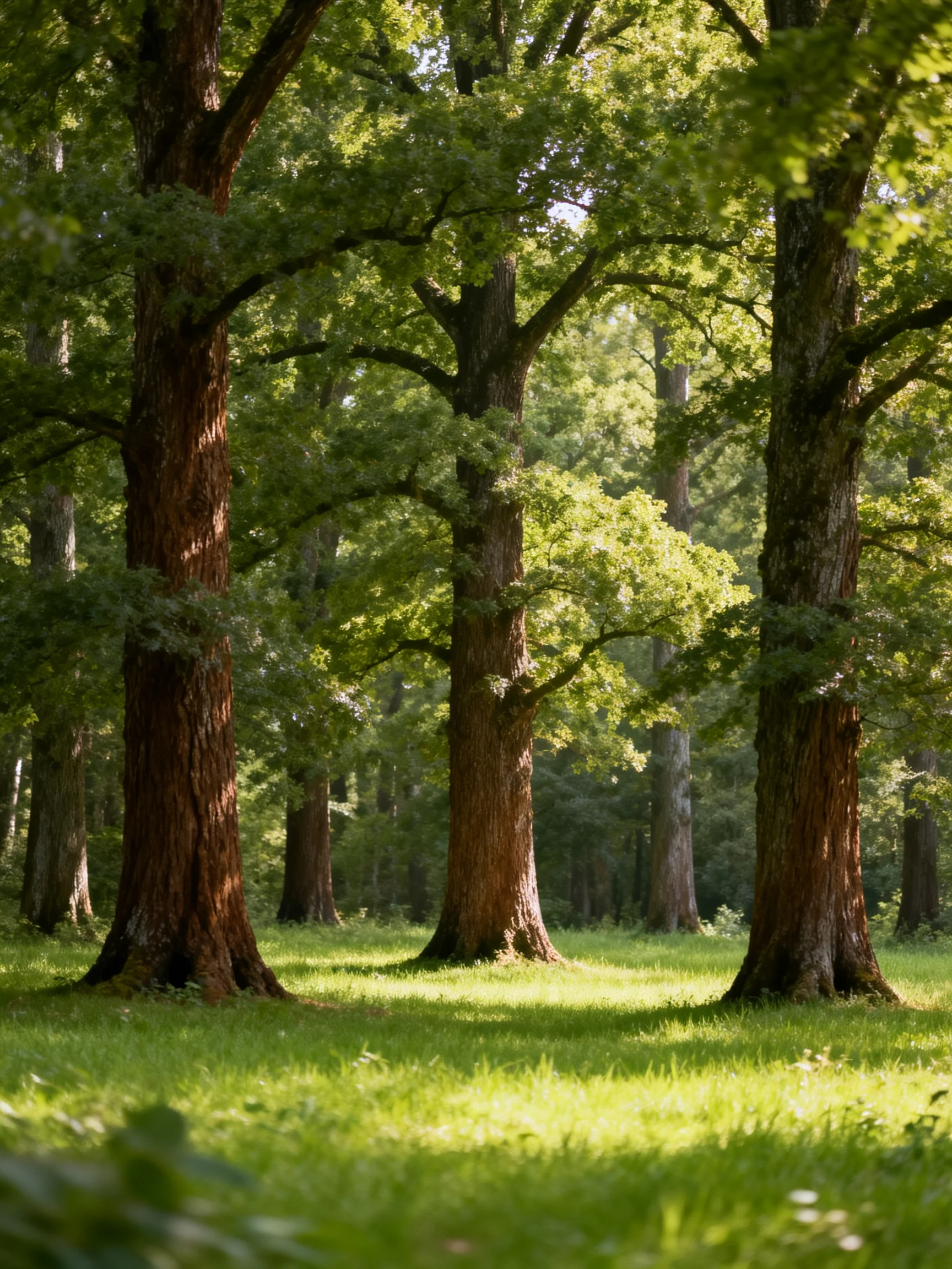 Tall oak trees in a sun-dappled forest clearing